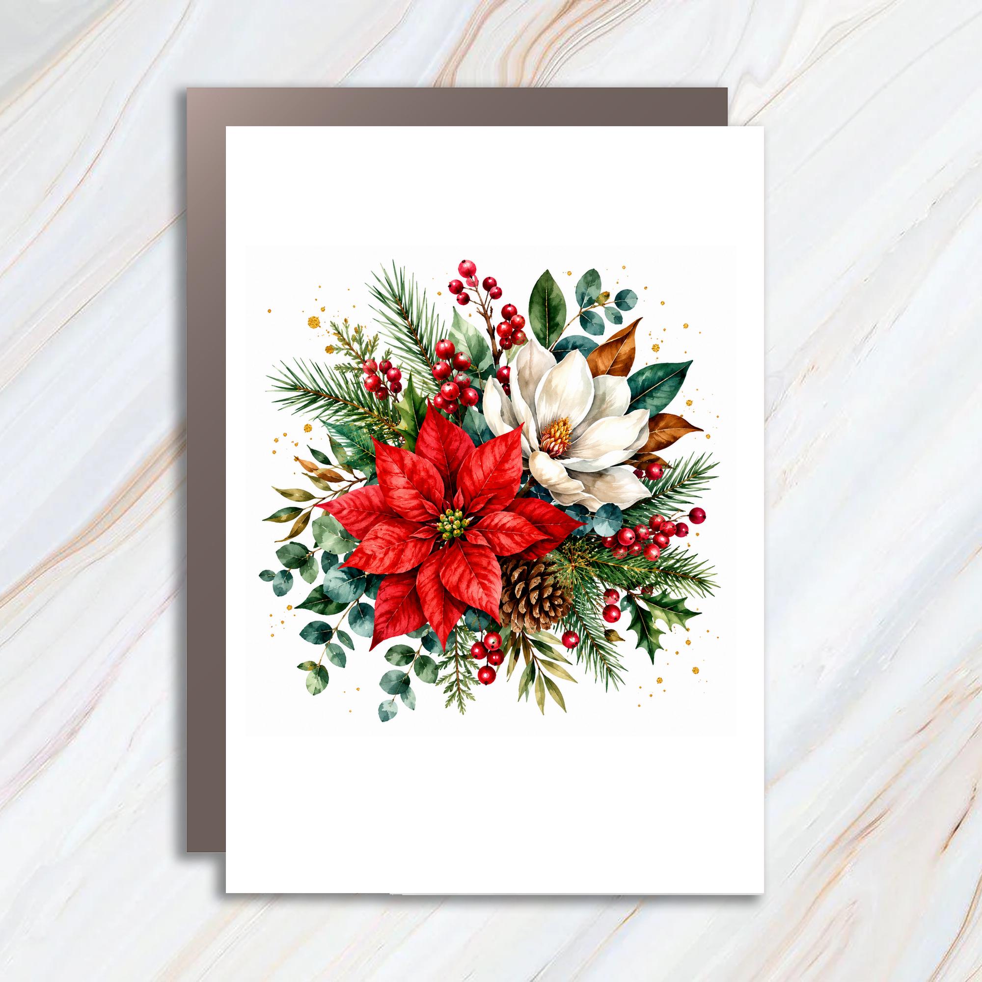 Poinsettia Magnolia Christmas Card Festive Floral Greeting Card Holiday Season Botanical Art For Her Elegant Winter Card C1058