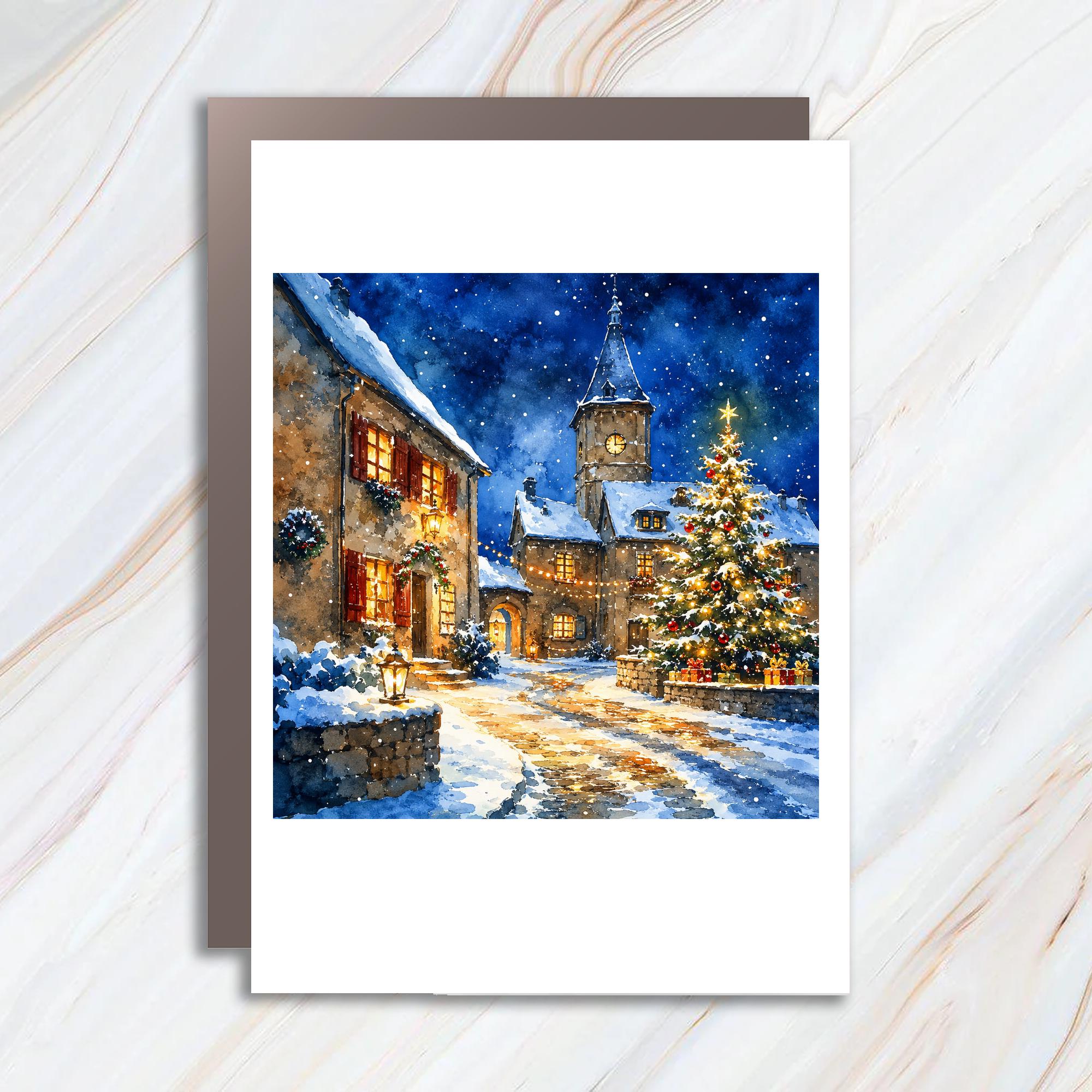 Christmas Village Scene Greeting Card Festive Holiday Card Winter Wonderland Art Christmas Tree Snowy Night C1059