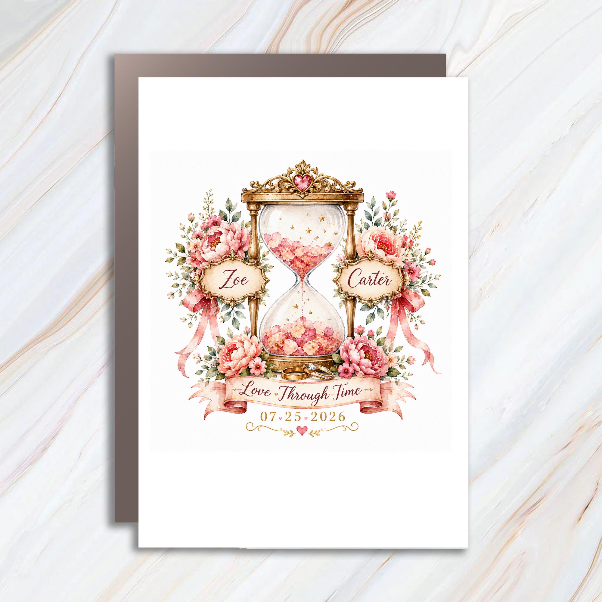 Love Through Time Wedding Card Floral Hourglass Romantic Anniversary Card For Couple Engagement Celebration C1065