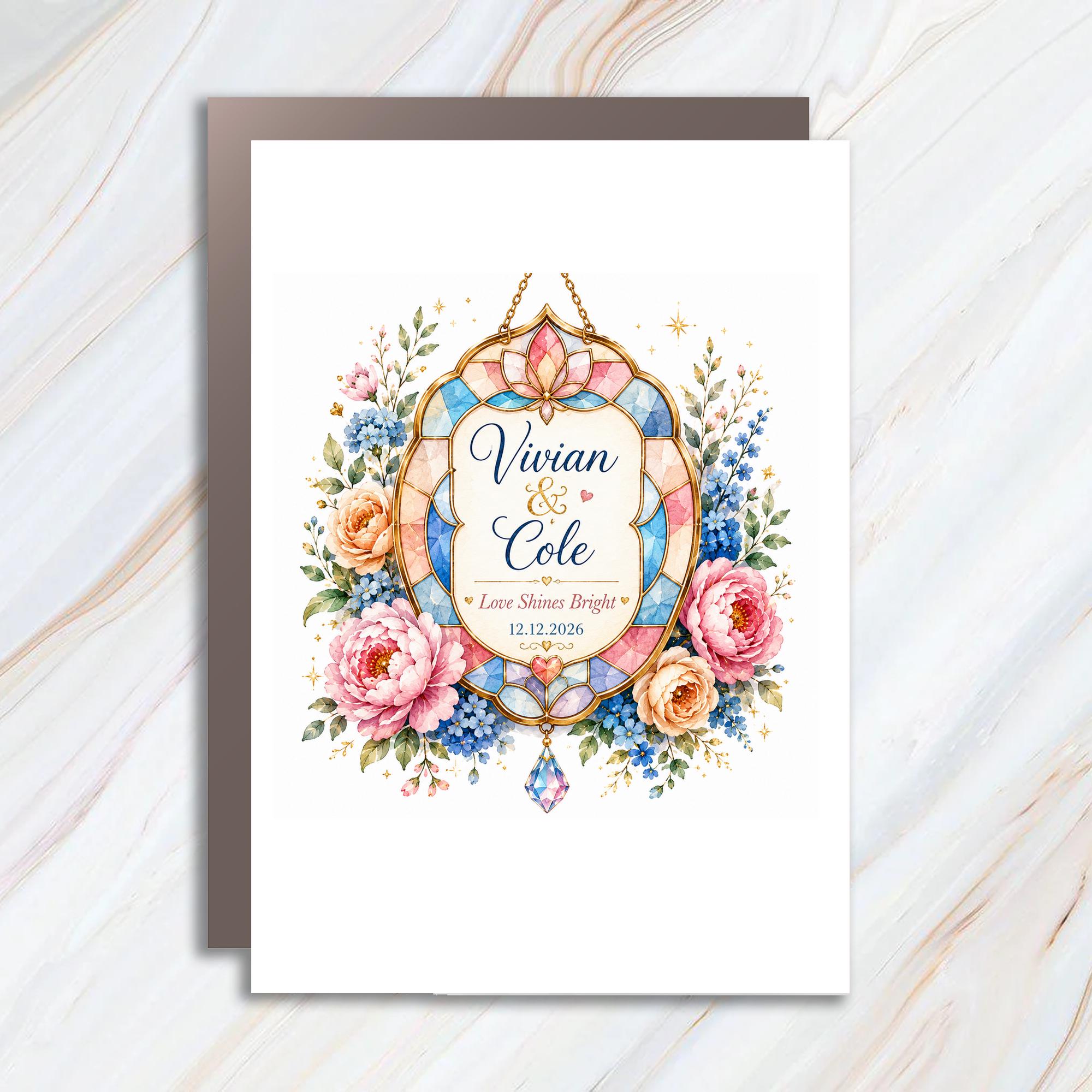 Vivian & Cole Love Shines Bright Wedding Card Floral Stained Glass Romantic Greeting Card For Couple 12.12.2026 C1061