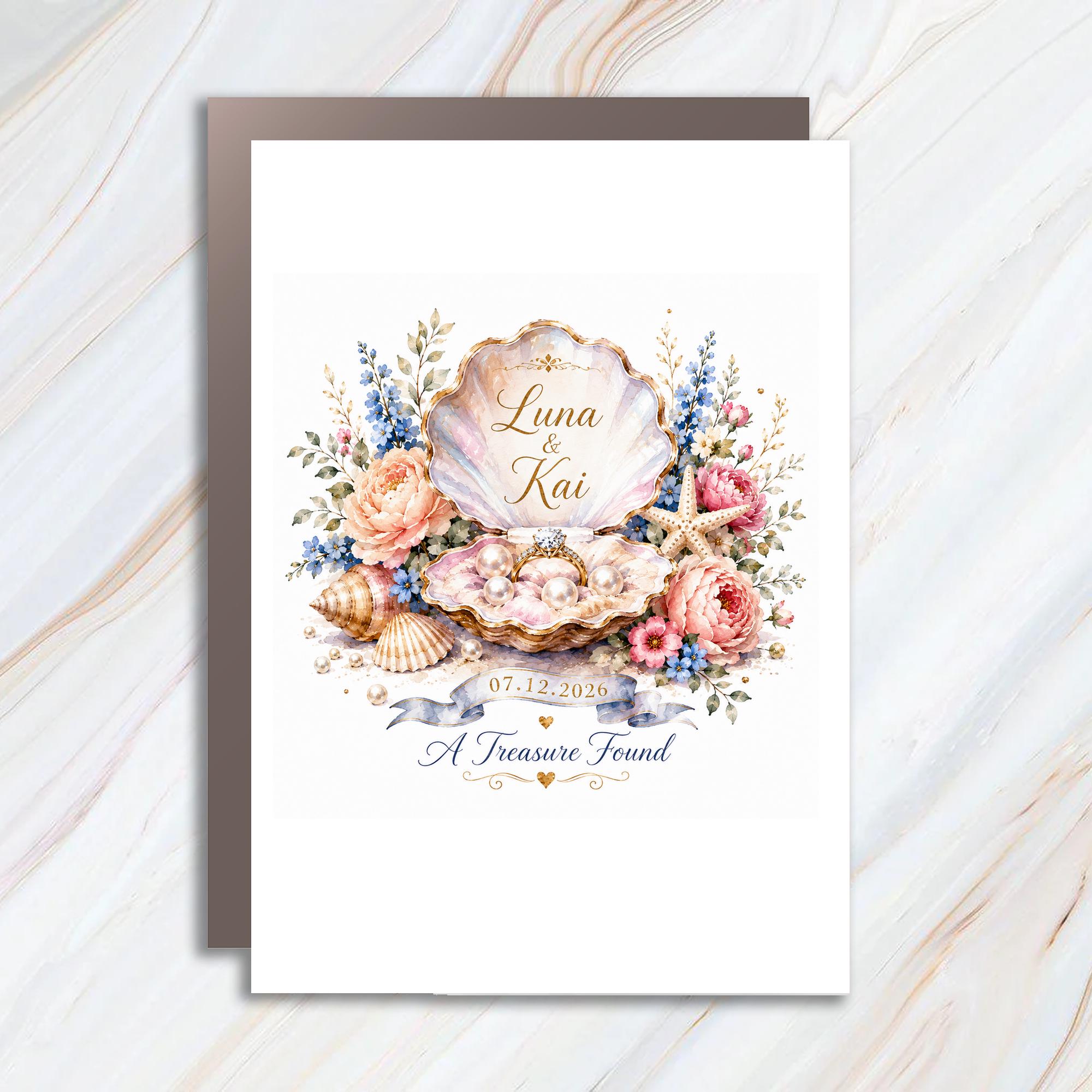 Luna & Kai 07.12.2026 A Treasure Found Wedding Card Floral Seashell Engagement Anniversary Couple C1062