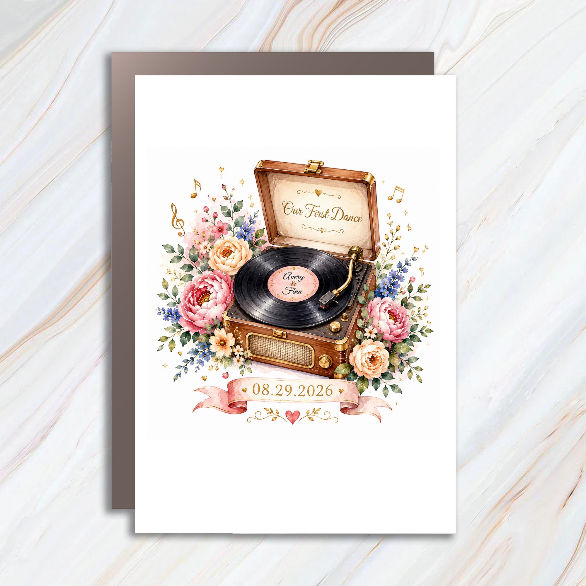 Our First Dance Wedding Card Vintage Record Player Floral Personalized Anniversary Newlyweds Romantic Keepsake C1064