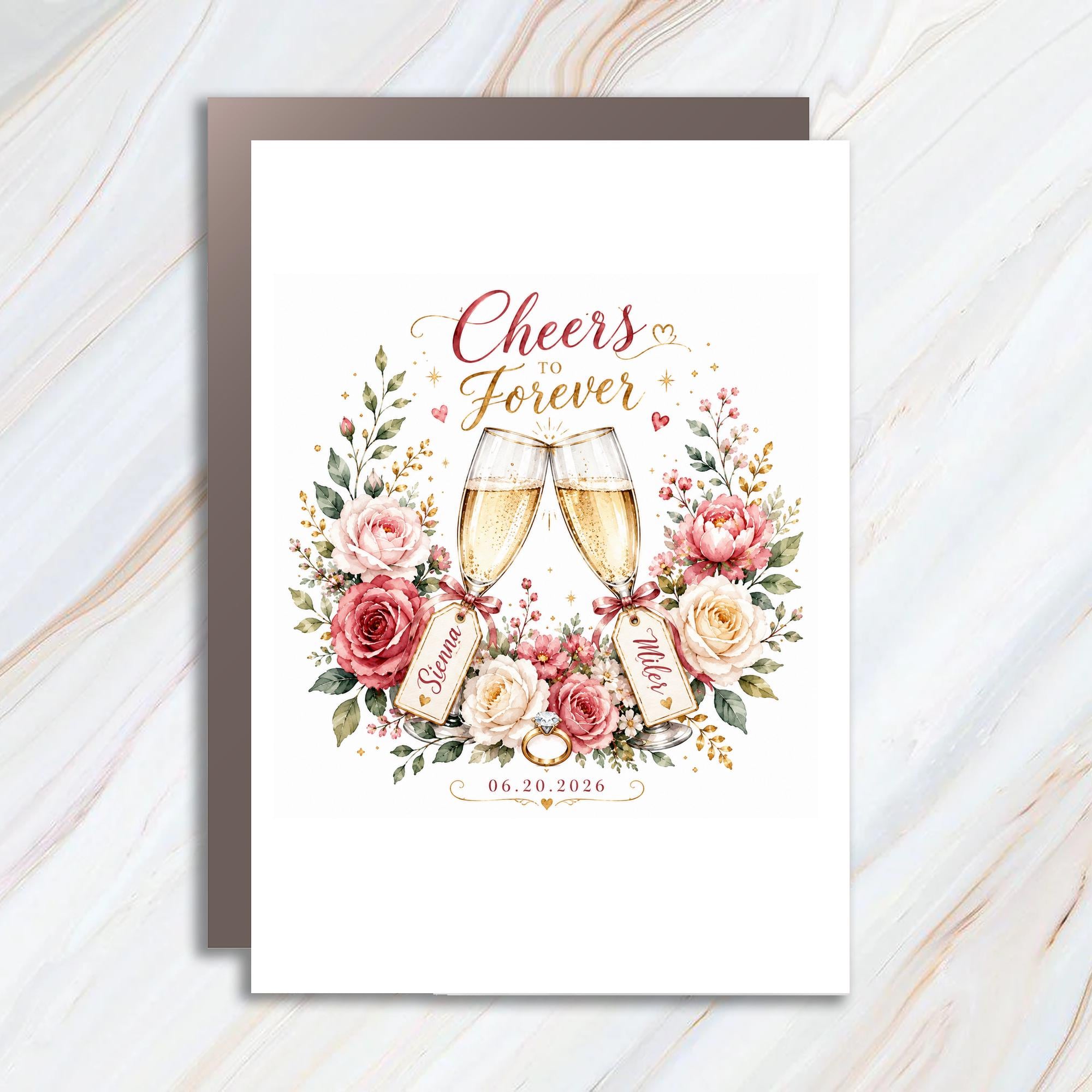 Cheers To Forever Wedding Card Romantic Floral Champagne Glasses Engagement Celebration For Couple Anniversary Card C1067