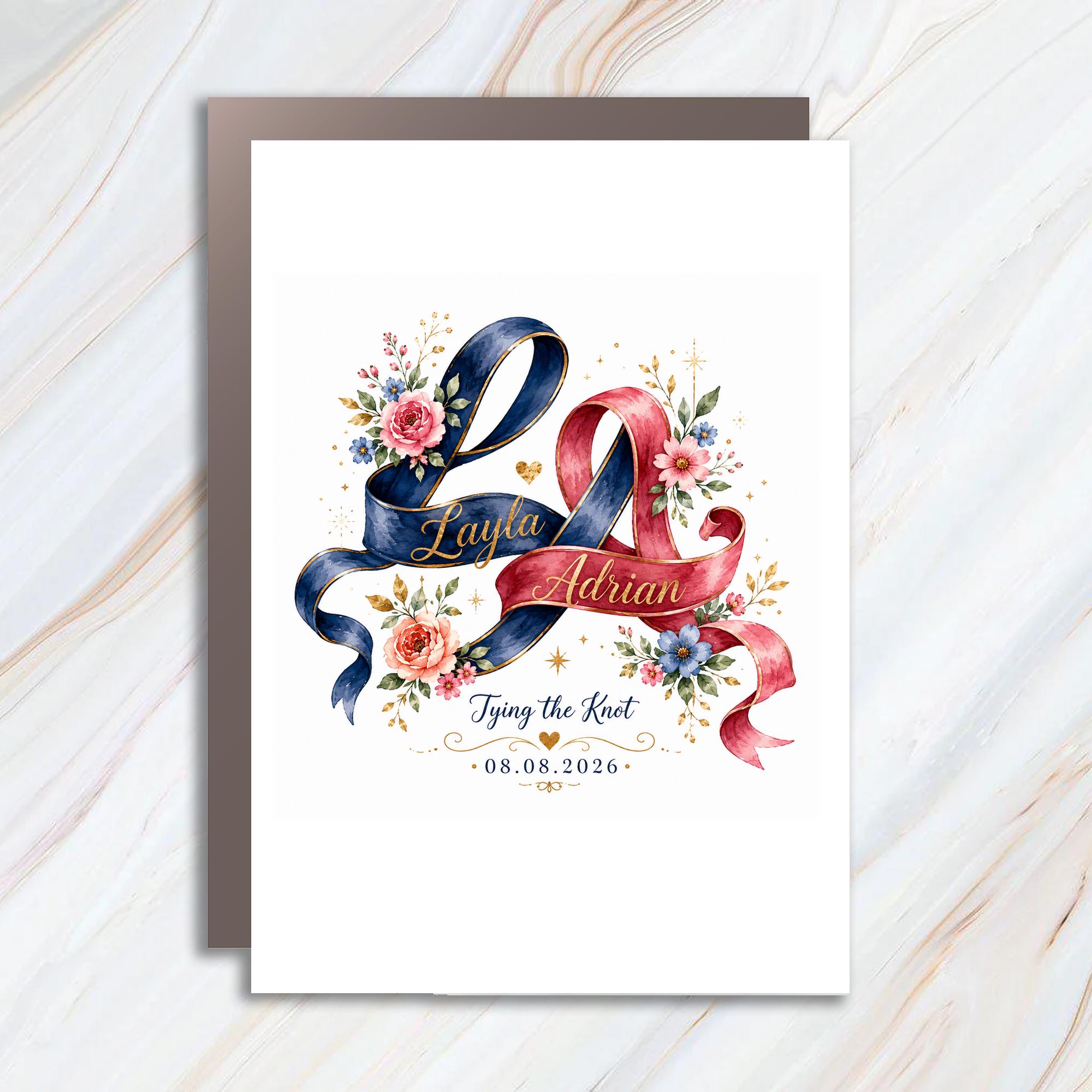 Custom Names Tying The Knot Wedding Card Floral Ribbons Personalized Wedding Date Keepsake Romantic Greeting Card C1068
