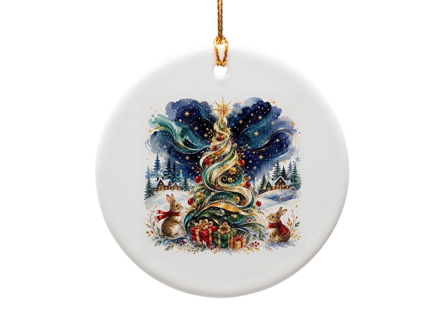Christmas Tree Ornament Festive Holiday Decor With Rabbits And Gifts Winter Wonderland Scene For Christmas Tree Decoration O1076