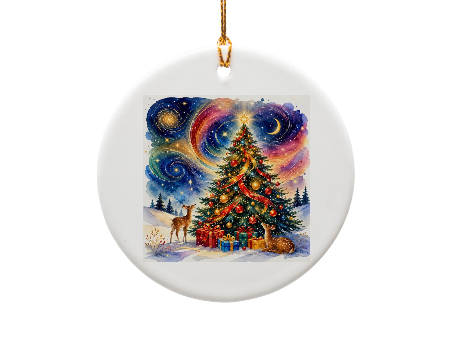 Christmas Tree Ornament Festive Holiday Decor Deer Under Starry Sky Winter Wonderland Gift For Nature Lover O1079
