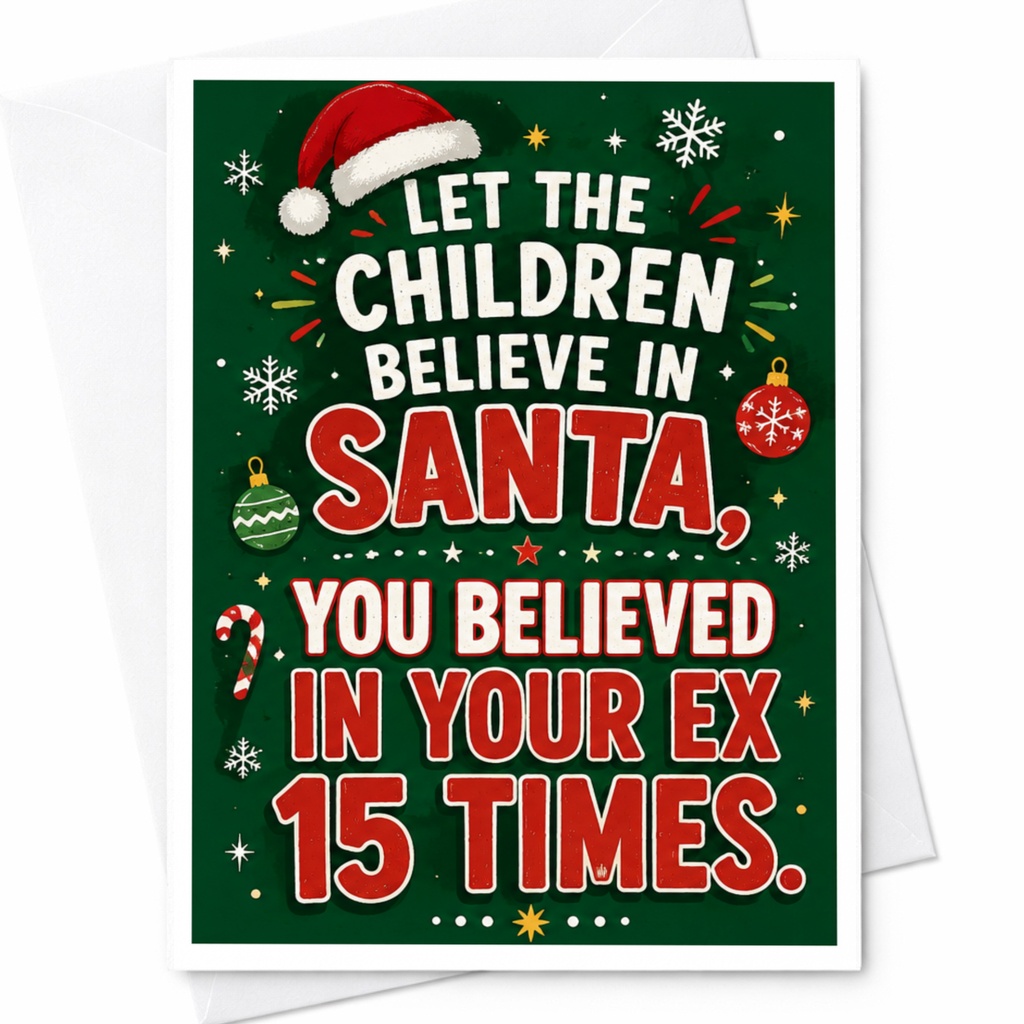 Let The Children Believe In Santa, You Believed In Your Ex 15 Times. Funny Christmas Card Holiday Greeting Card For Frien C4758