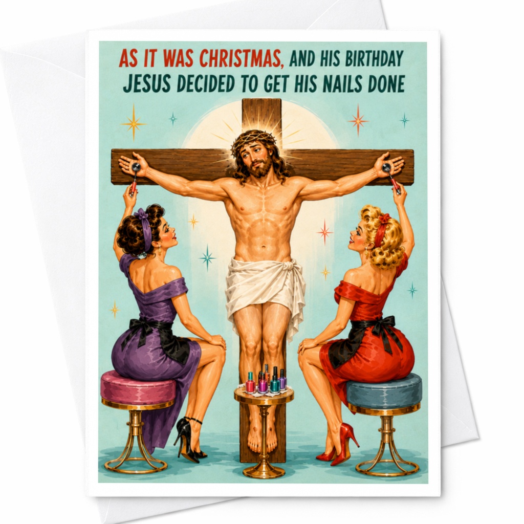 As It Was Christmas, And His Birthday Jesus Decided To Get His Nails Done Funny Christmas Card Holiday Greeting Card C4760
