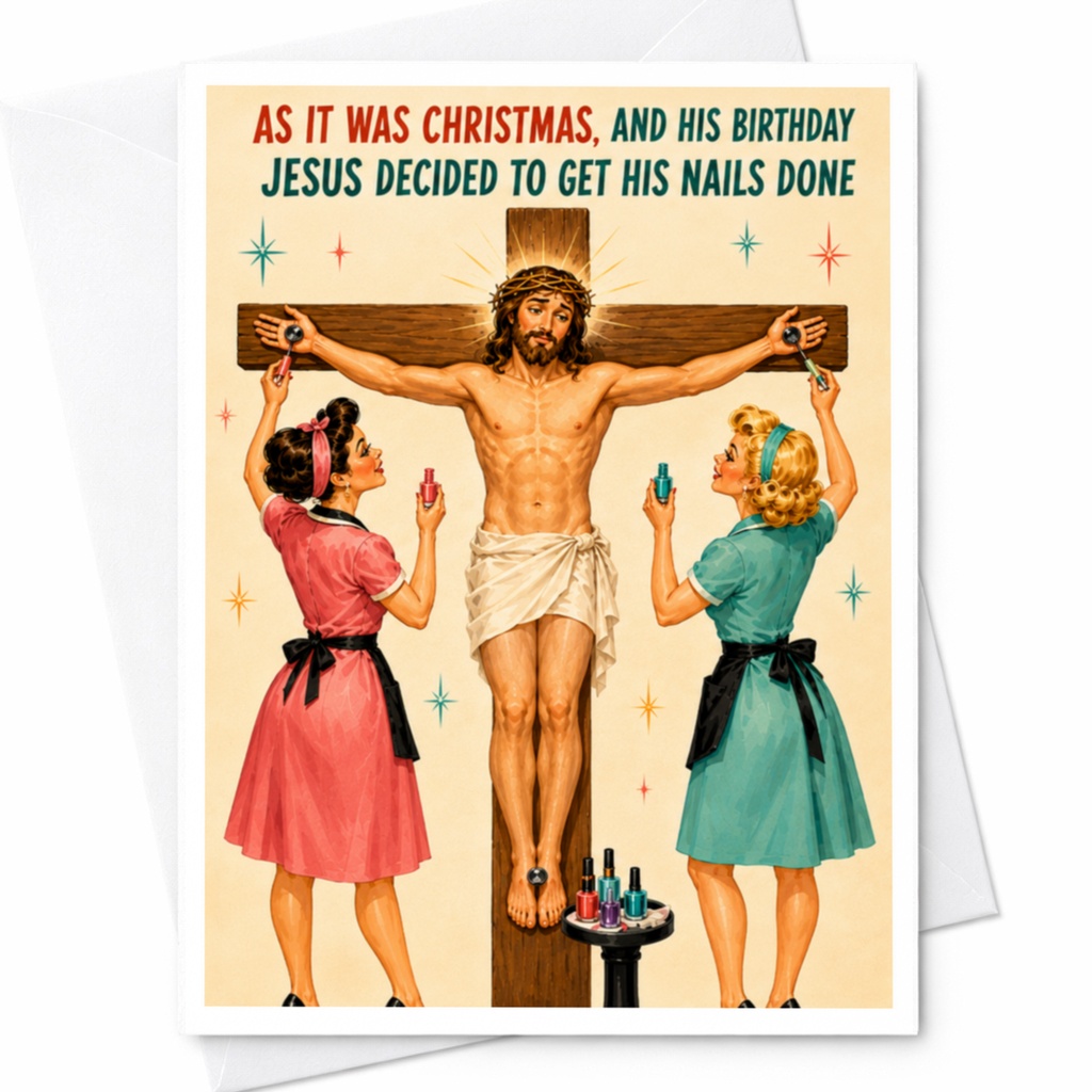 As It Was Christmas, And His Birthday Jesus Decided To Get His Nails Done Funny Christmas Card Holiday Greeting Card C4761