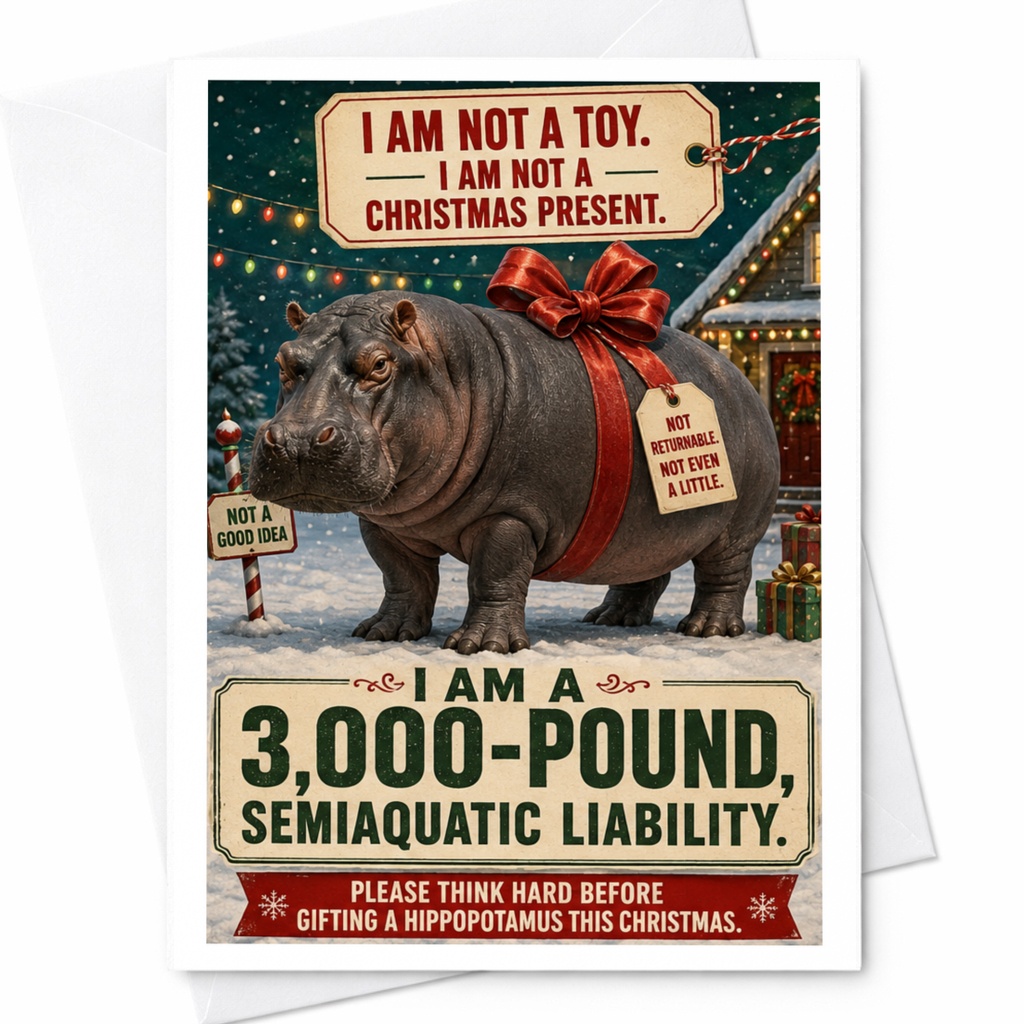 I Am Not A Toy. I Am Not A Christmas Present. Funny Christmas Card Hippo Holiday Greeting Card For Friends Family C4763