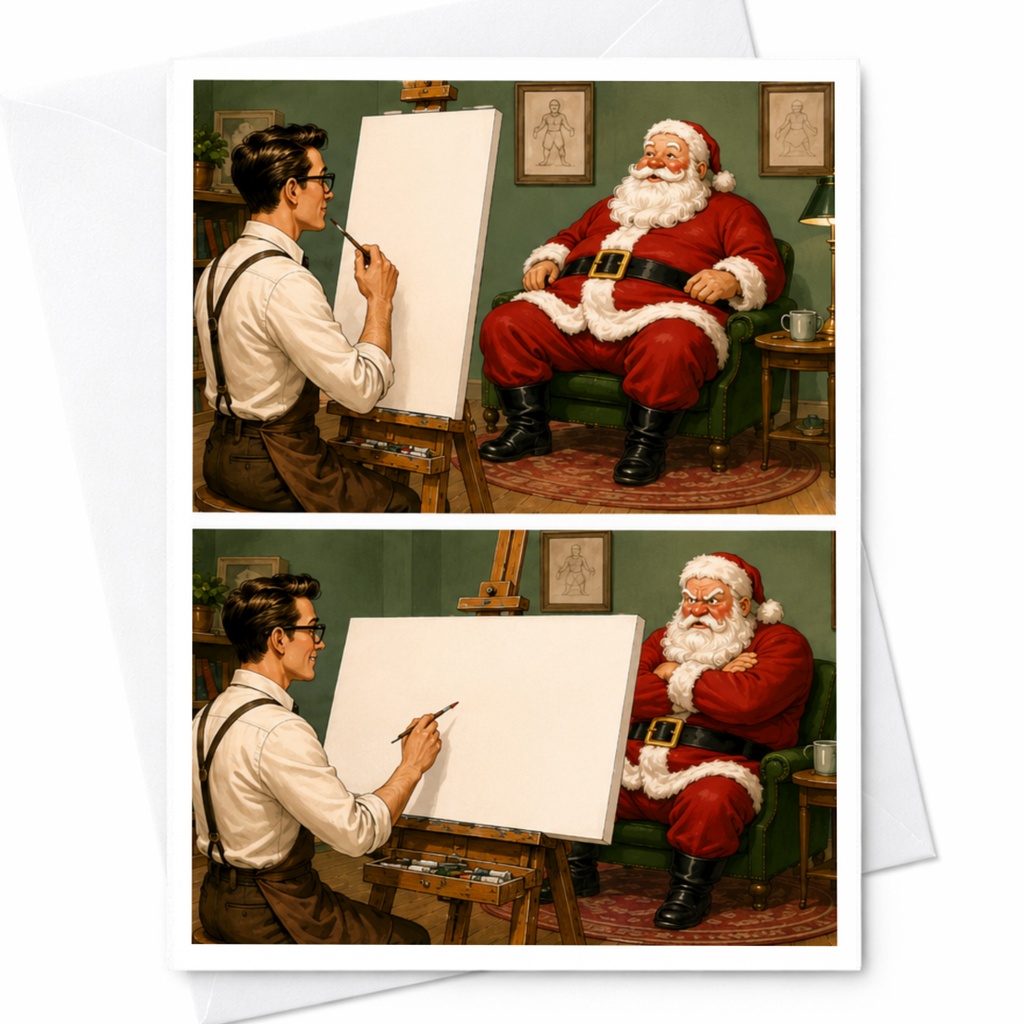 Santa Claus Christmas Greeting Card Funny Holiday Card For Him Santa With Artist Festive Winter Scene C4769