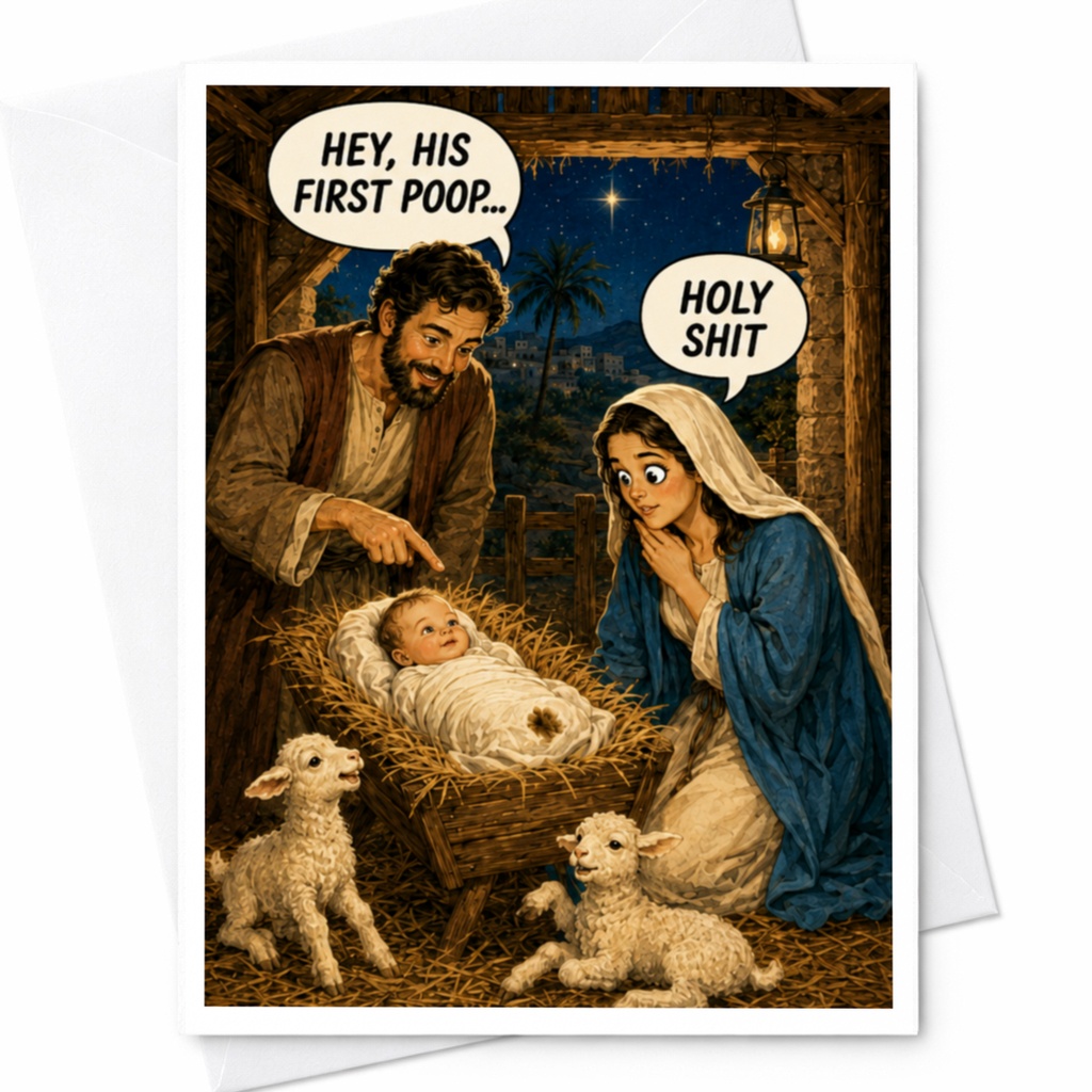 Hey, His First Poop... Holy Shit Funny Christmas Card Nativity Scene Holiday Greeting Card For Friends Family C4771