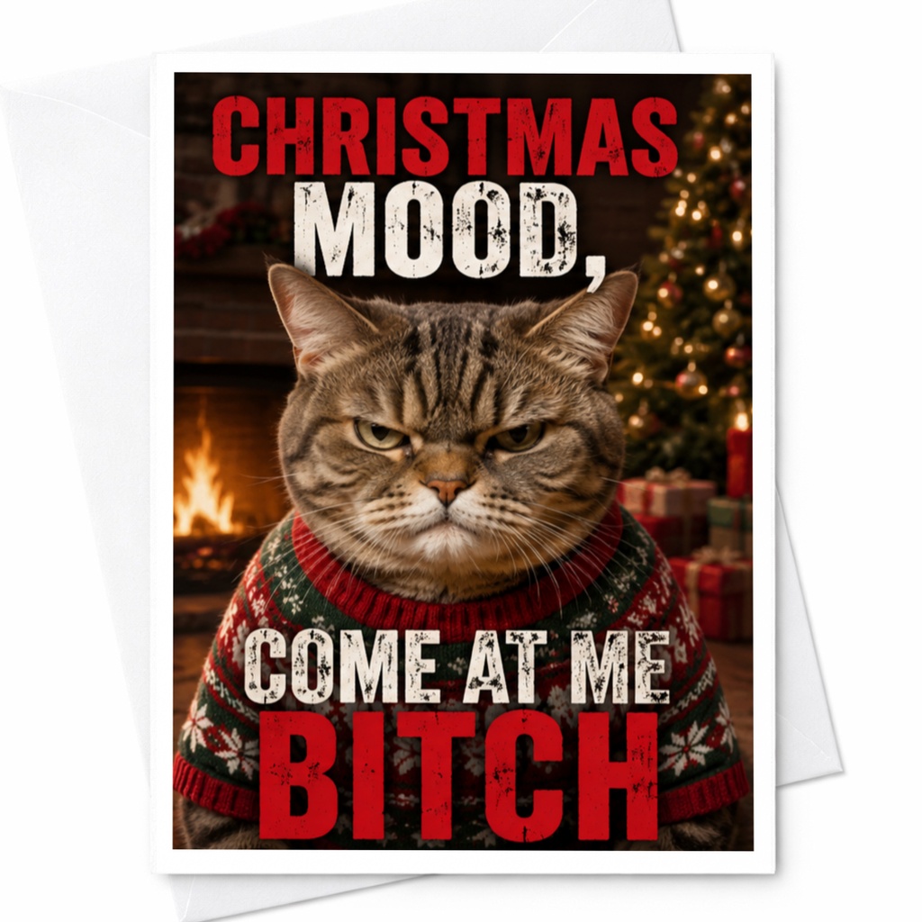 Christmas Mood, Come At Me Bitch Funny Christmas Card Grumpy Cat Holiday Greeting Card For Cat Lover Xmas Card C4773