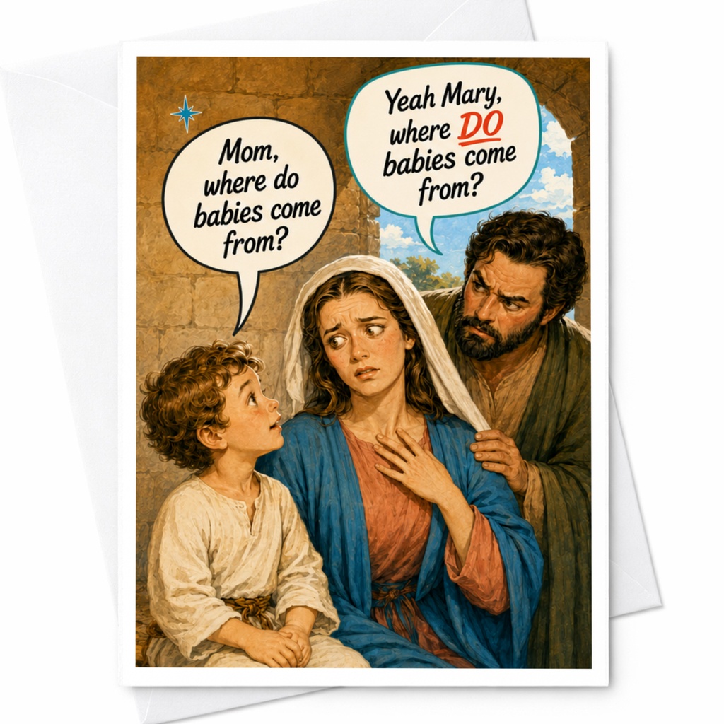 Mom, Where Do Babies Come From? Yeah Mary, Where Do Babies Come From? Funny Christmas Card Family Holiday Greeting C4776