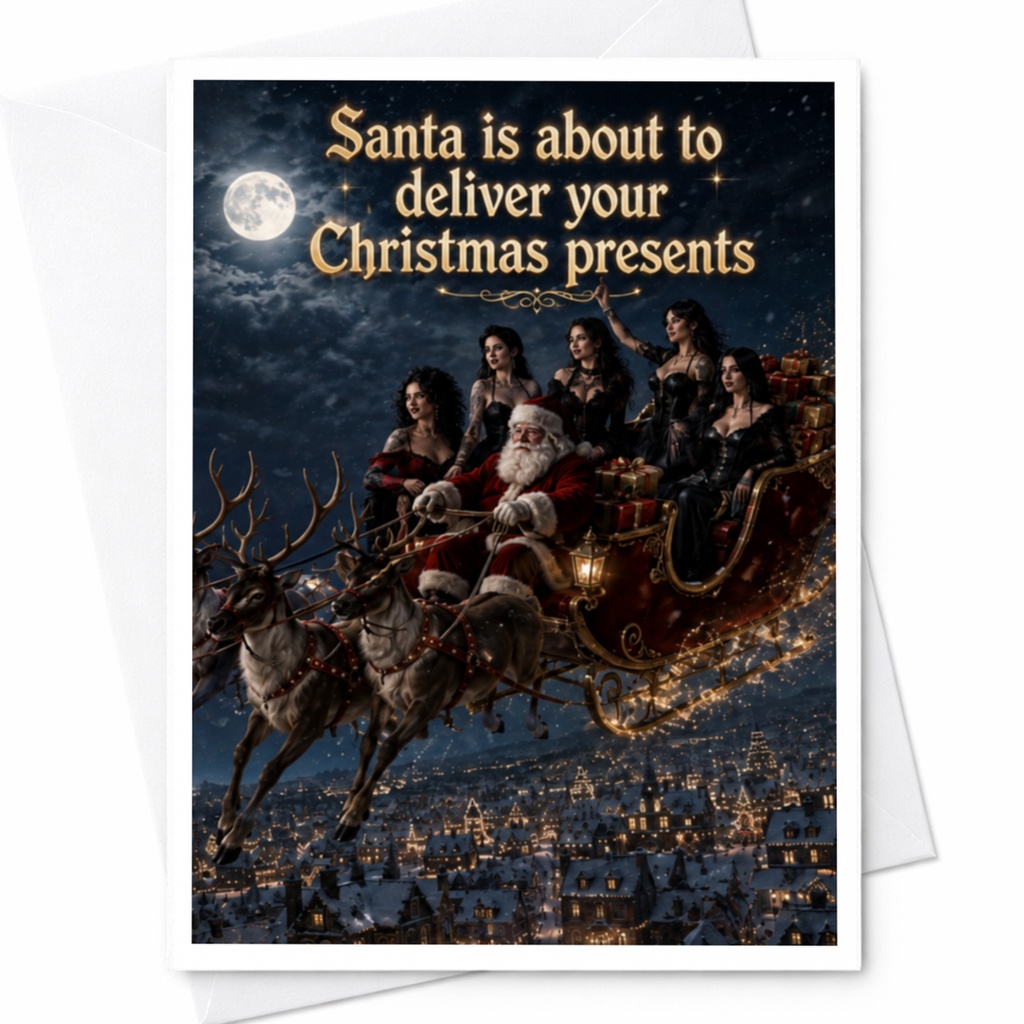 Santa Is About To Deliver Your Christmas Presents Funny Christmas Card Santa Sleigh Holiday Greeting Card Festive Xmas Card C4788
