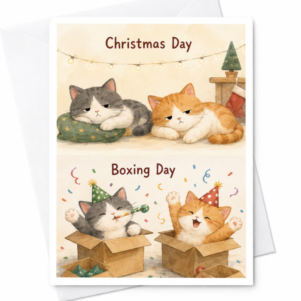 Christmas Day Boxing Day Cute Cat Greeting Card Holiday Celebration Cats Christmas Card For Cat Lover Festive Animal Card C4791