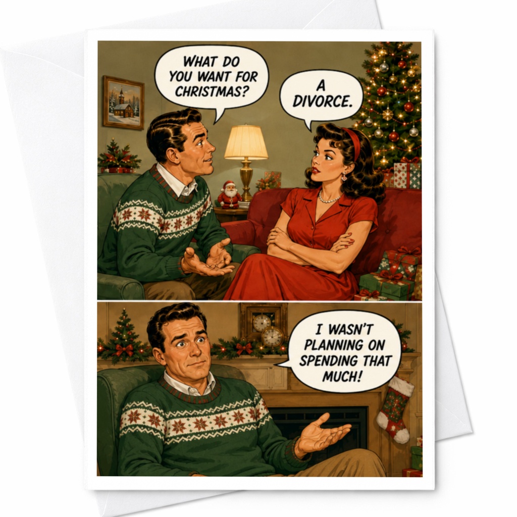 What Do You Want For Christmas? A Divorce. I Wasn't Planning On Spending That Much! Funny Christmas Card Retro Couple C4797