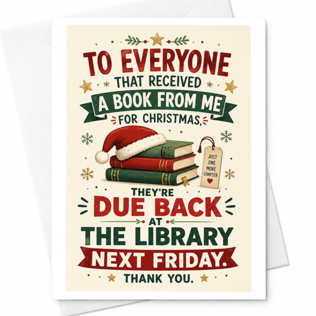 To Everyone That Received A Book From Me For Christmas Christmas Card Funny Library Return Message Holiday C4756