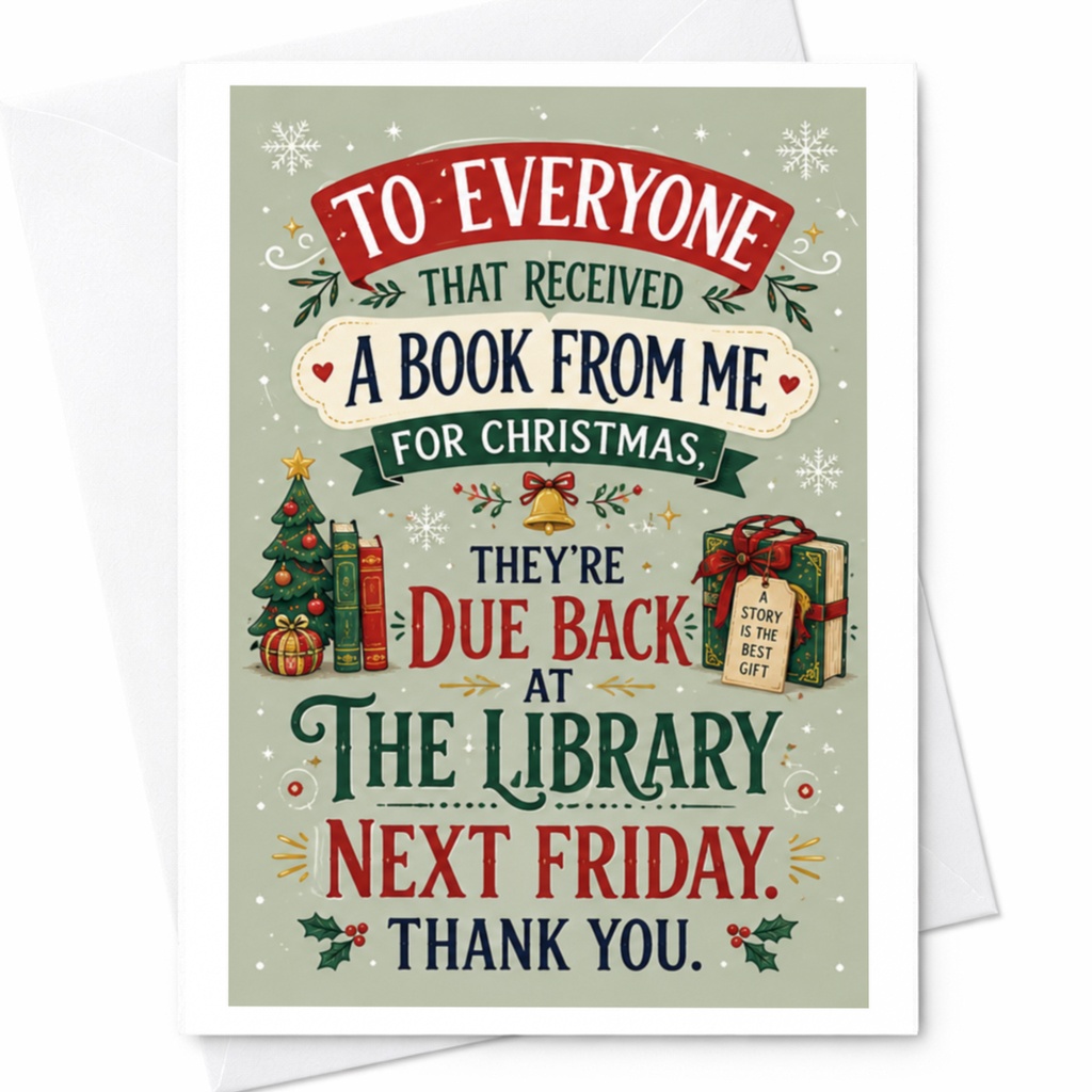 To Everyone That Received A Book From Me For Christmas Funny Christmas Card Book Lovers Library Holiday Greeting Card C4757
