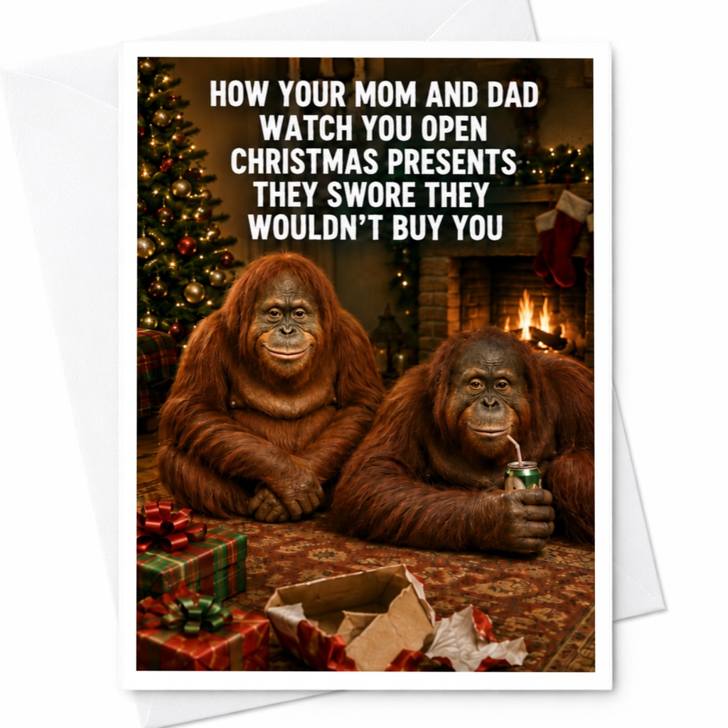 How Your Mom And Dad Watch You Open Christmas Presents Funny Christmas Card For Parents Holiday Greeting Card With Orangu C4808