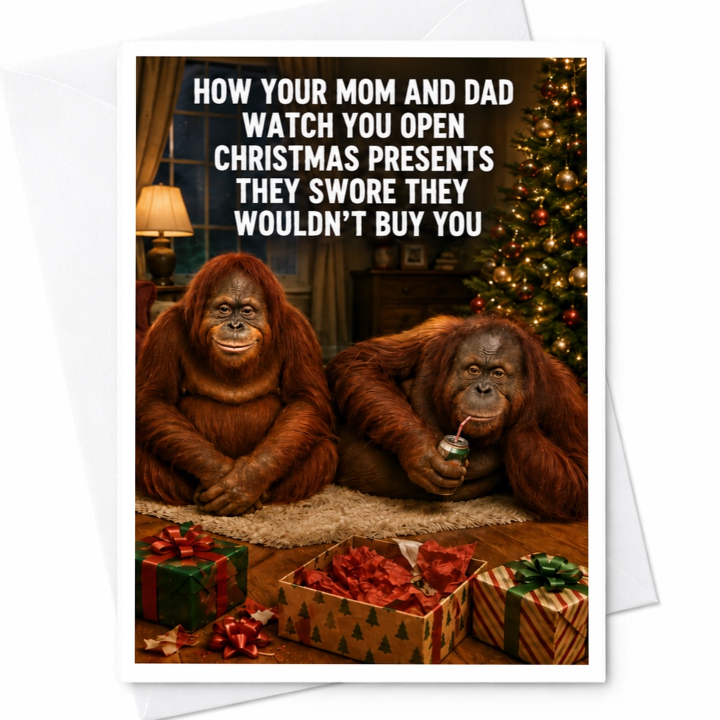 How Your Mom And Dad Watch You Open Christmas Presents Funny Christmas Card For Parents Holiday Greeting Card With Orangu C4809