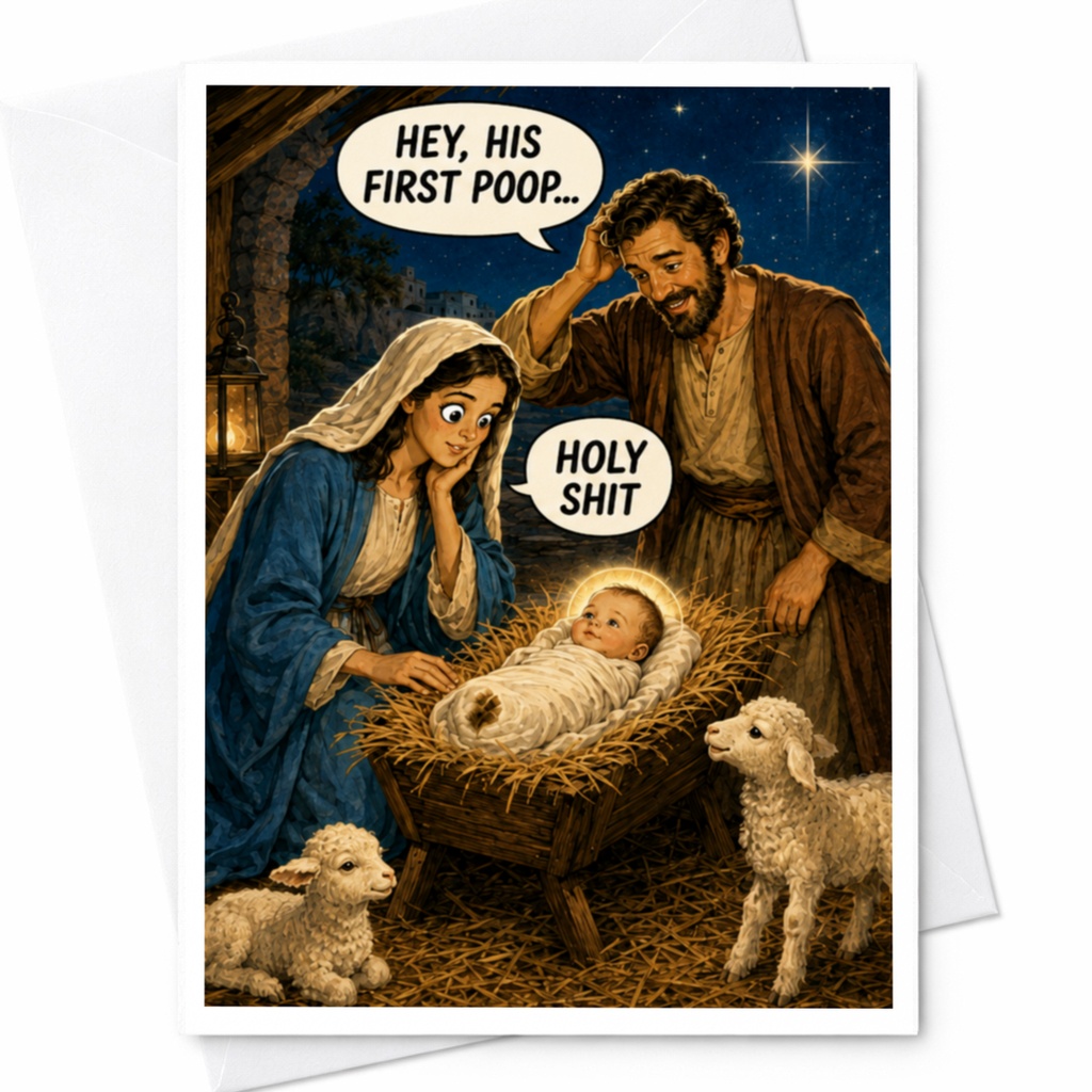 Hey, His First Poop... Holy Shit Funny Christmas Card Nativity Scene Holiday Greeting Card For Friends Family C4770