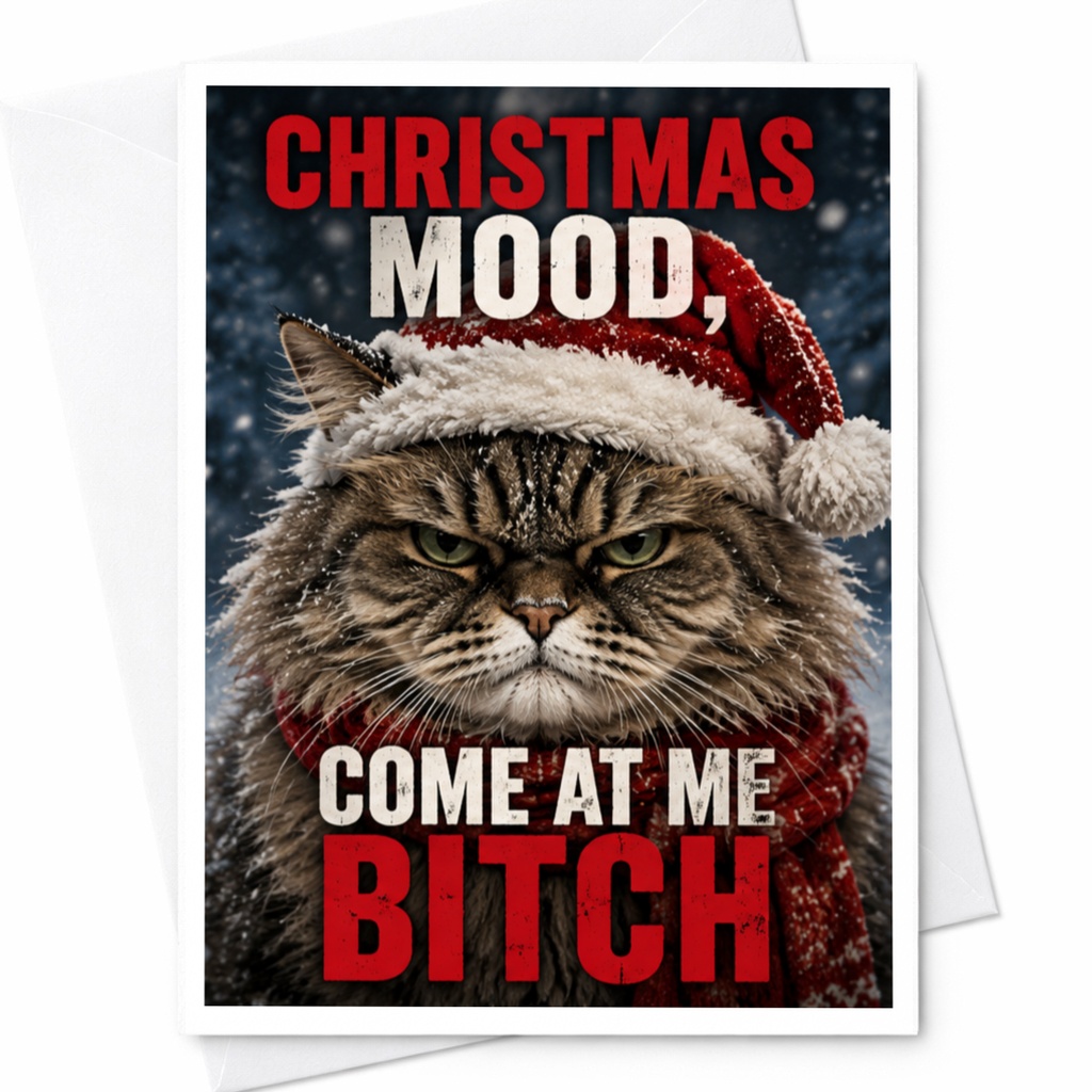 Christmas Mood, Come At Me Bitch Funny Christmas Card Grumpy Cat Holiday Greeting Card For Cat Lovers C4772