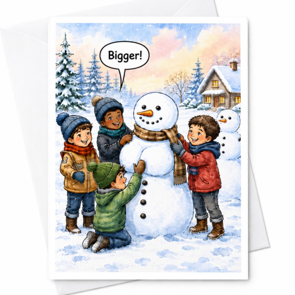 Bigger! Funny Christmas Card Kids Building Snowman Winter Holiday Card Cute Snow Scene For Family Friends C4819