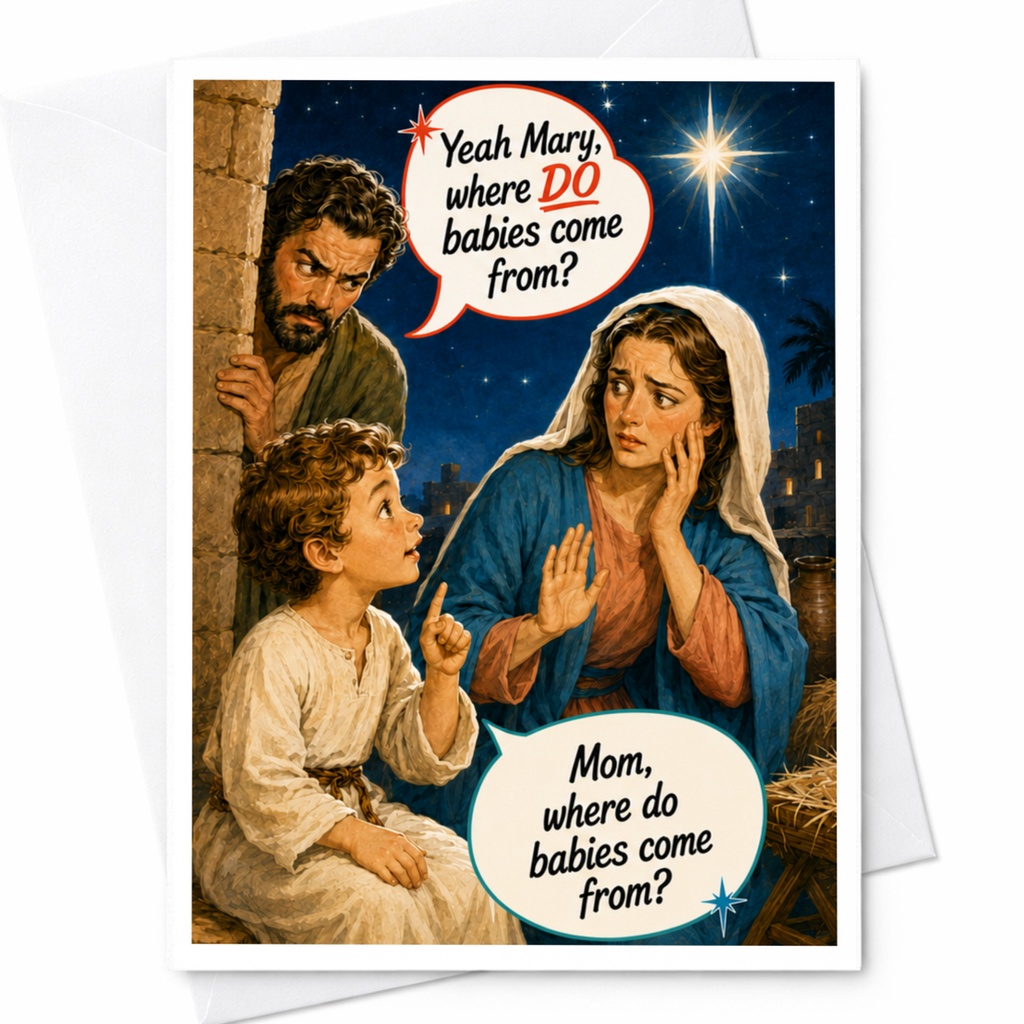 Yeah Mary, Where Do Babies Come From? Funny Christmas Card Nativity Scene Holiday Greeting Card For Family C4777