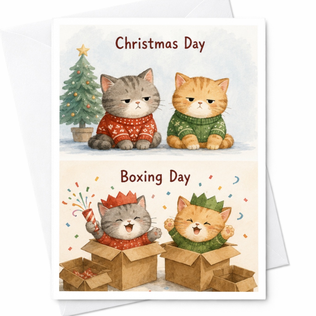 Christmas Day Boxing Day Cute Cat Greeting Card Holiday Cats In Sweaters Christmas Tree Festive Card For Cat Lovers C4790
