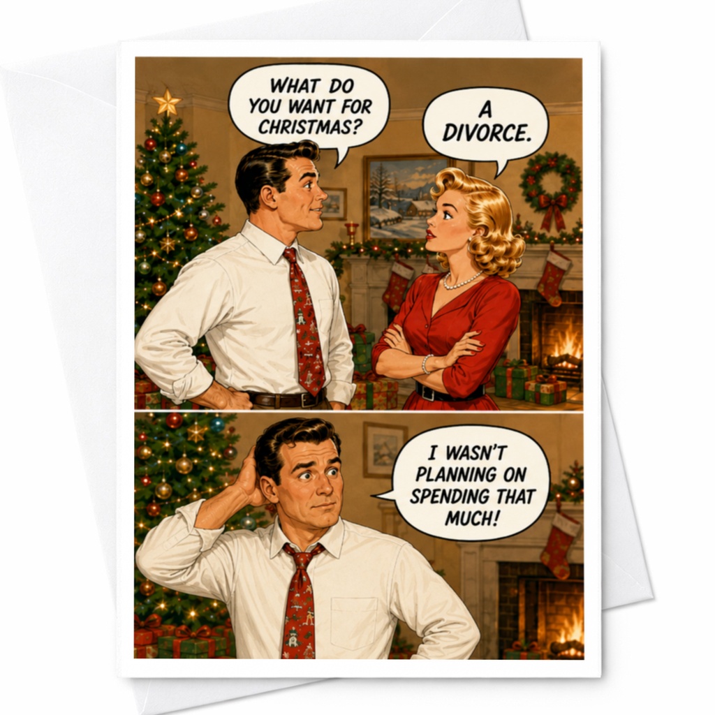 What Do You Want For Christmas? A Divorce. Funny Christmas Card Retro Couple Holiday For Him Her Unique Greeting Card C4796