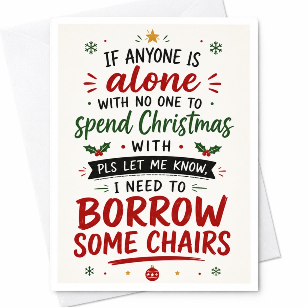 If Anyone Is Alone With No One To Spend Christmas With Pls Let Me Know, I Need To Borrow Some Chairs Funny Christmas Card For Frie C4799