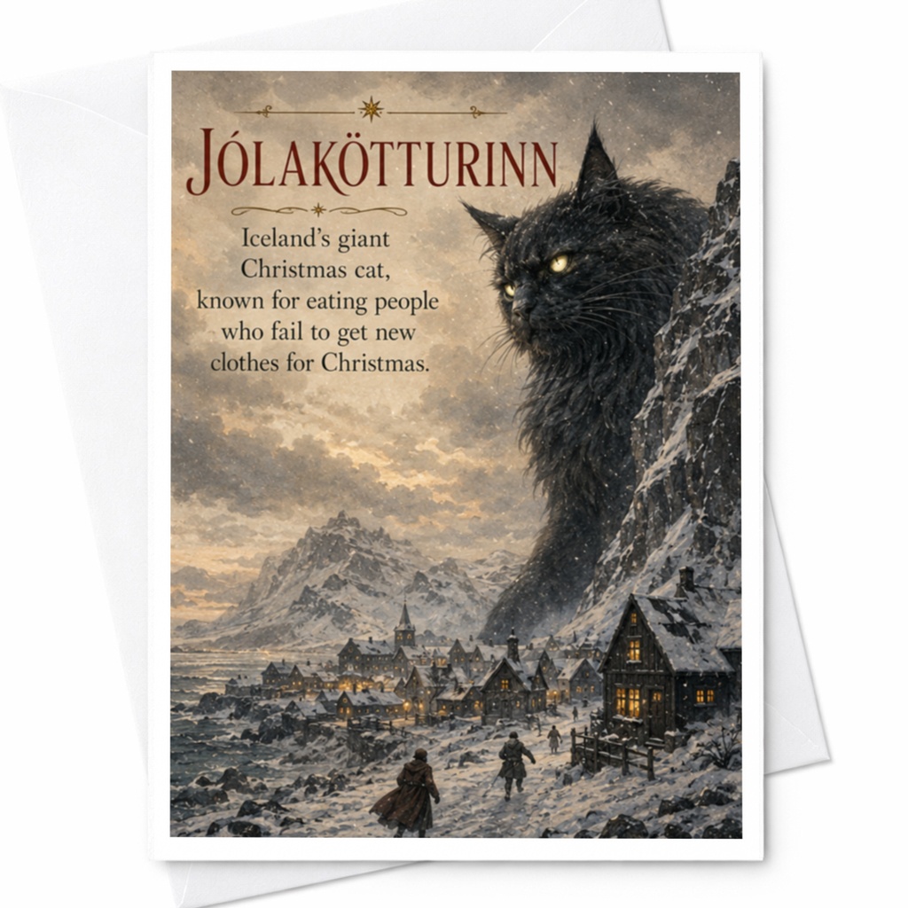 Jólakötturinn Iceland's Giant Christmas Cat Funny Christmas Card Holiday Greeting Card For Cat Lovers Unique Xmas Card C4813