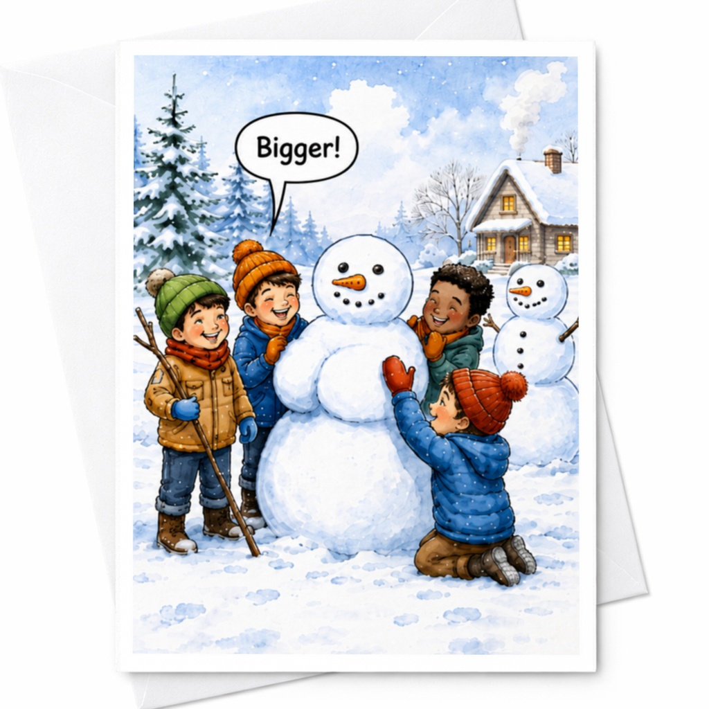 Bigger! Funny Christmas Card Kids Building Snowman Winter Holiday Card Cute Seasonal Greeting Card For Family Friends C4818