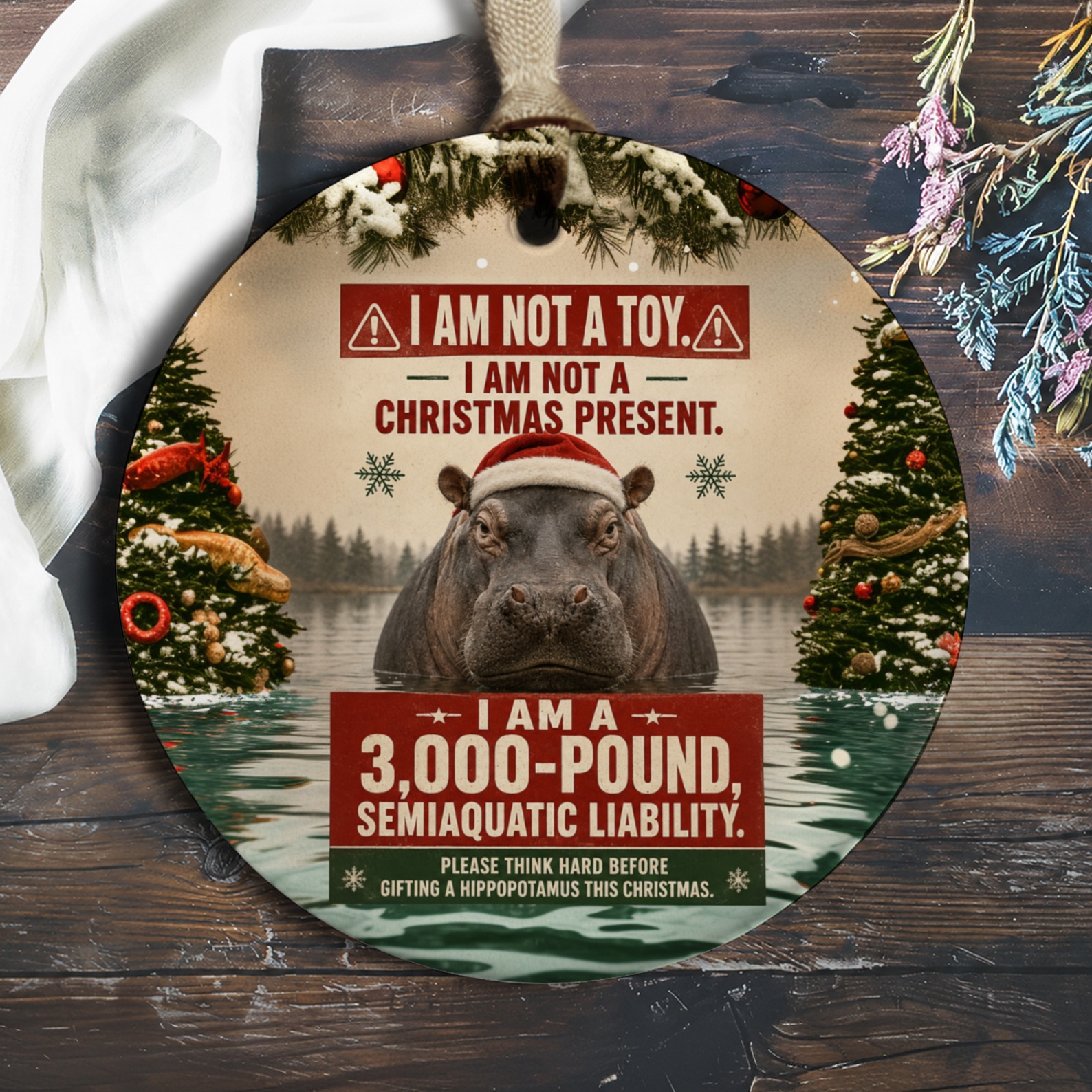 I Am Not A Toy Funny Christmas Ornament Hippo Holiday Decor Unique Gift Idea Semi-Aquatic Liability O761