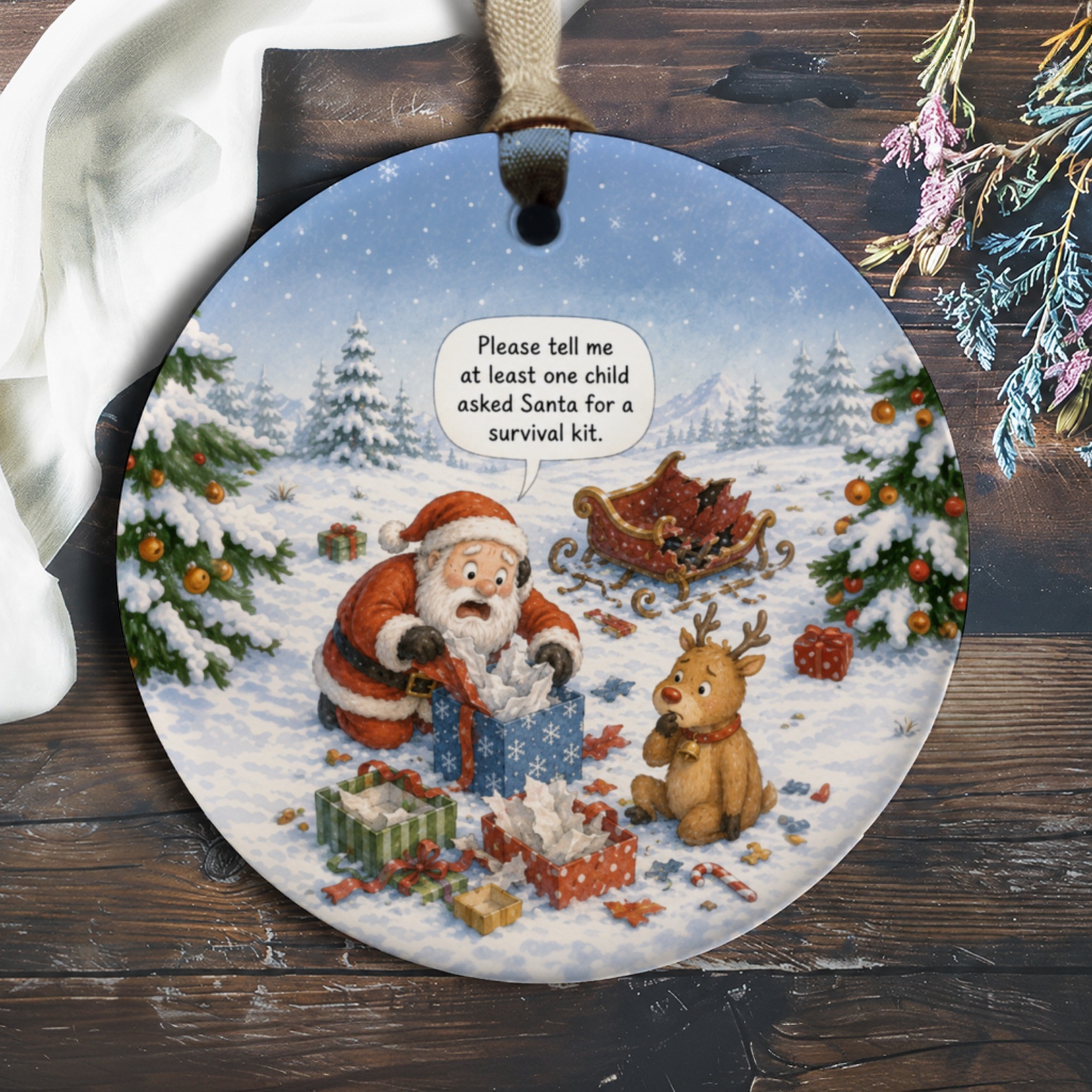 Please Tell Me At Least One Child Asked Santa For A Survival Kit Funny Christmas Ornament Santa Reindeer Holiday Decor O764
