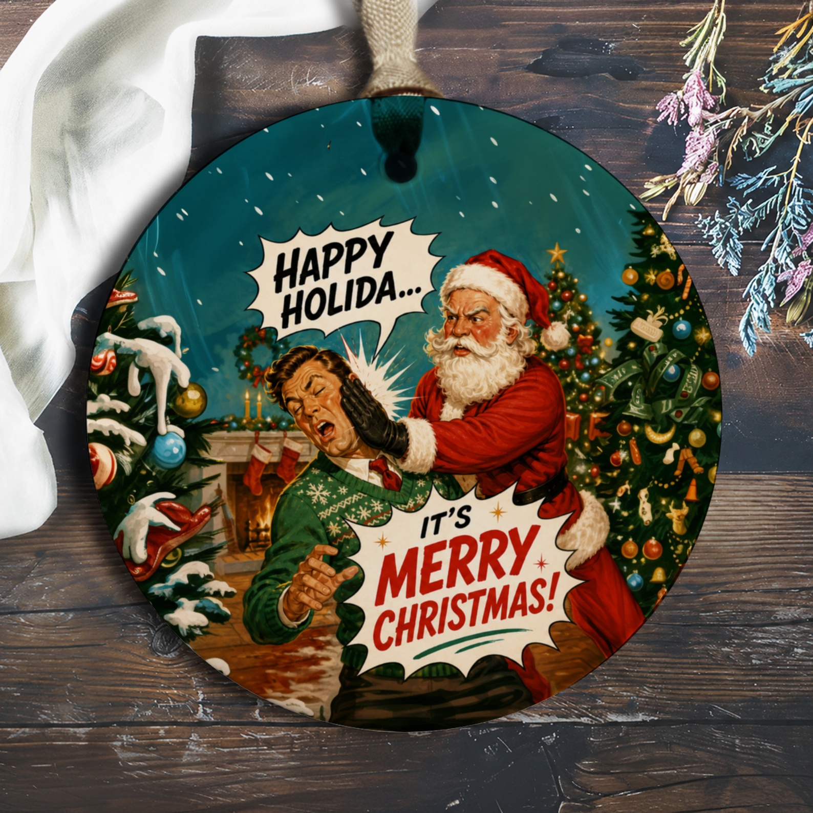 Happy Holida... It's Merry Christmas! Funny Christmas Ornament Santa Slap Holiday Decor Retro Style Xmas Tree Decoration O765