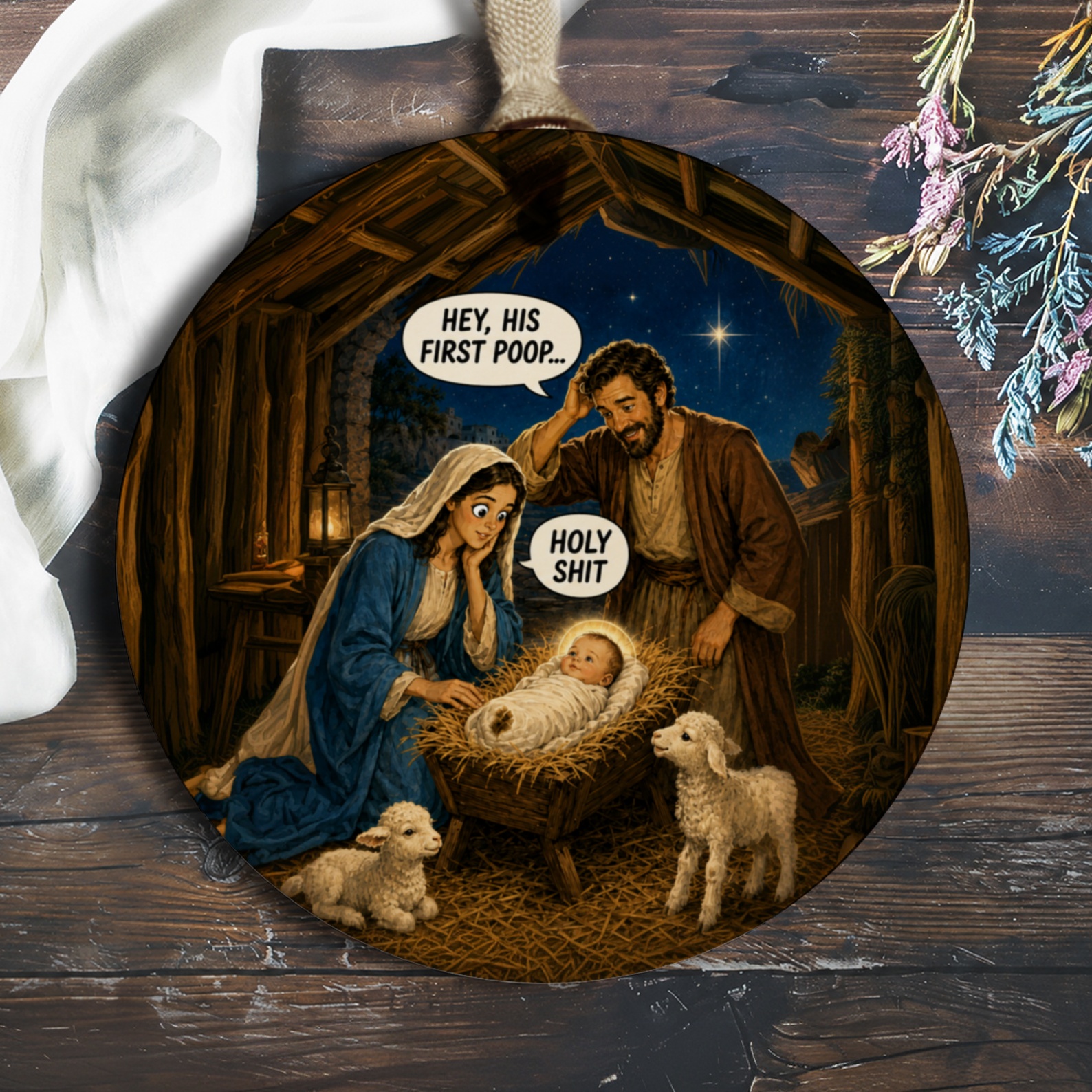 Hey, His First Poop... Holy Shit Funny Nativity Scene Ornament Christmas Gift Unique Holiday Decor O770