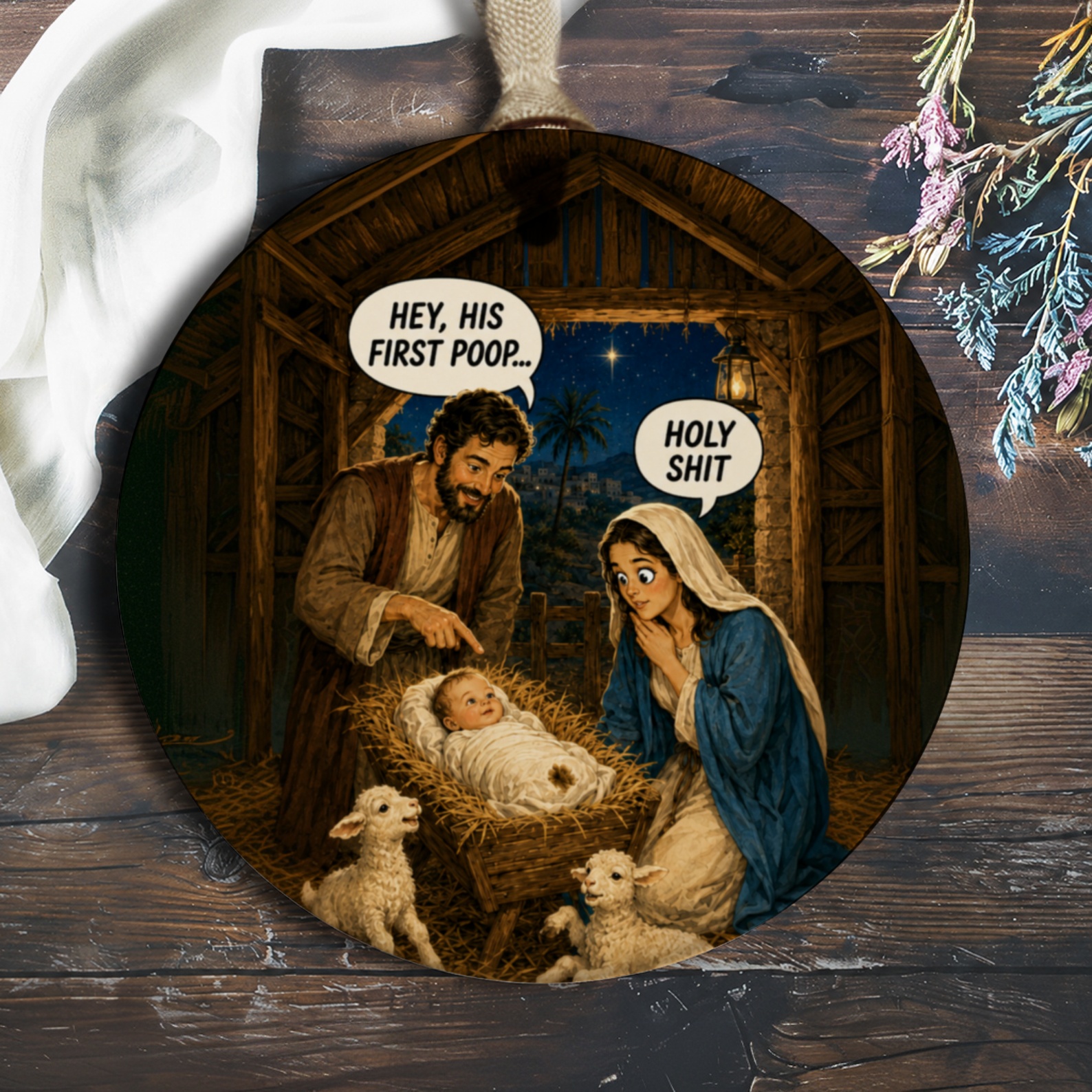 Hey, His First Poop... Holy Shit Funny Nativity Scene Ornament Christmas Gift Unique Holiday Decor O771
