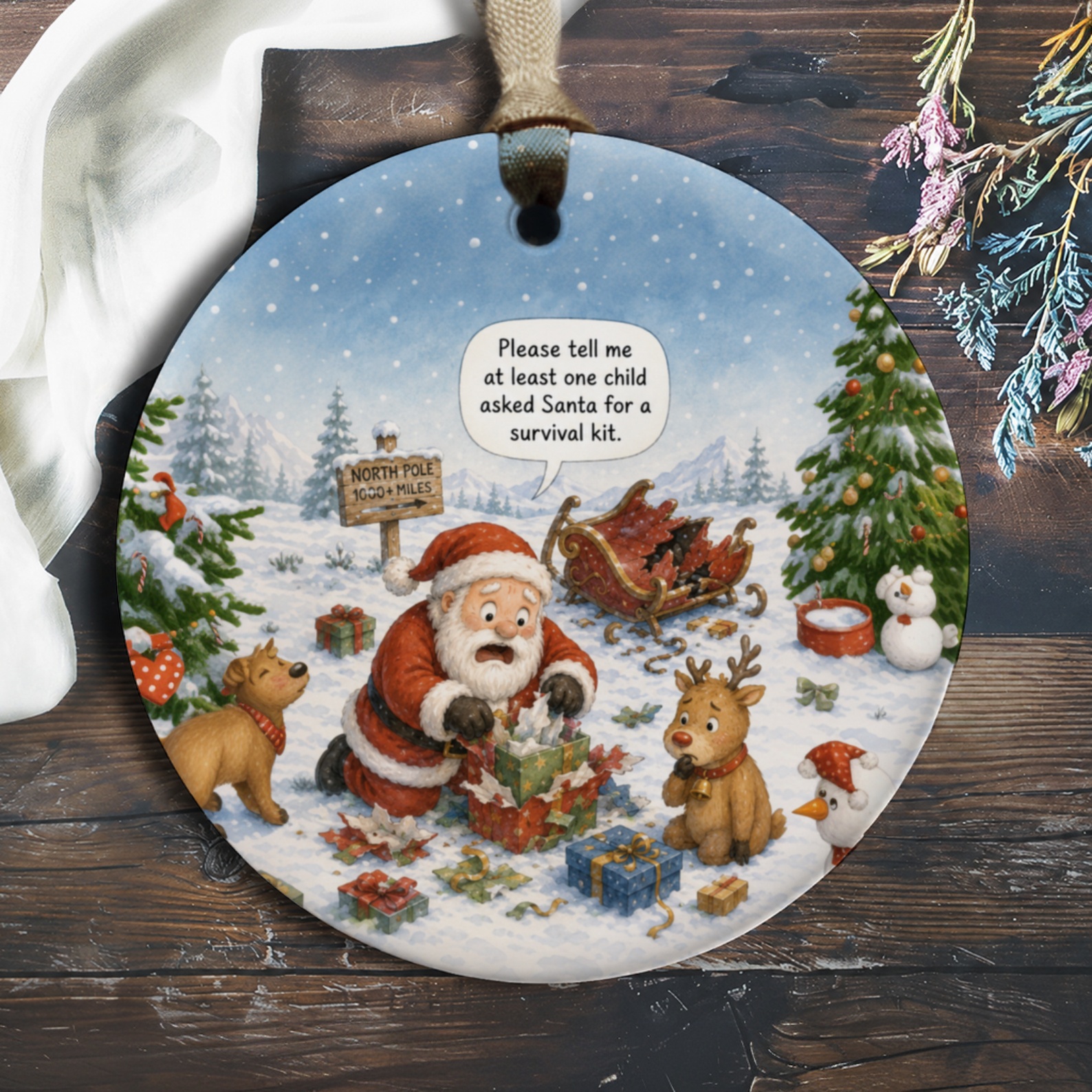 Please Tell Me At Least One Child Asked Santa For A Survival Kit Funny Christmas Ornament Santa Reindeer Holiday Decor O763