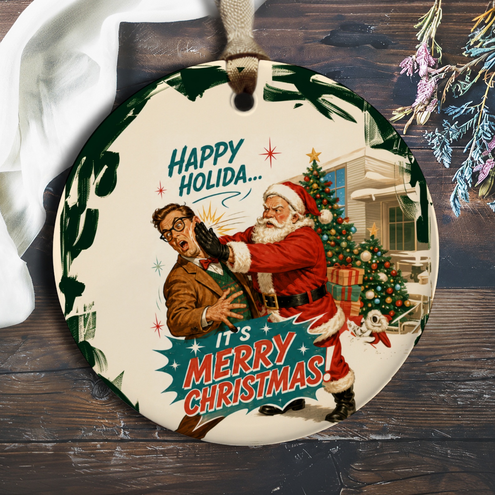 Happy Holida... It's Merry Christmas! Funny Christmas Ornament Santa Holiday Decor Retro Style Xmas Gift O766