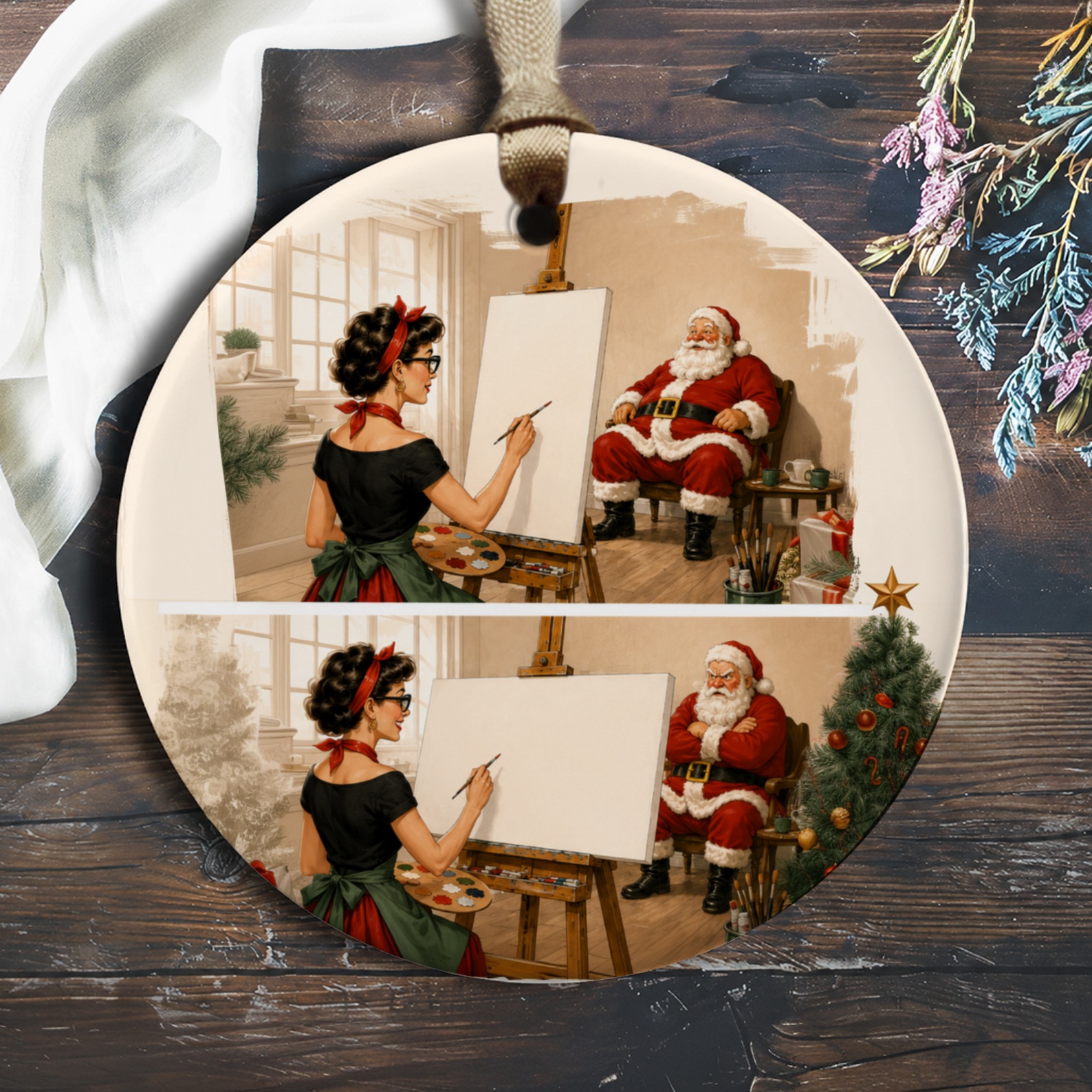 Santa Painting Ornament Christmas Decor Vintage Style Holiday Art Festive Home Decoration Gift For Art Lovers O767