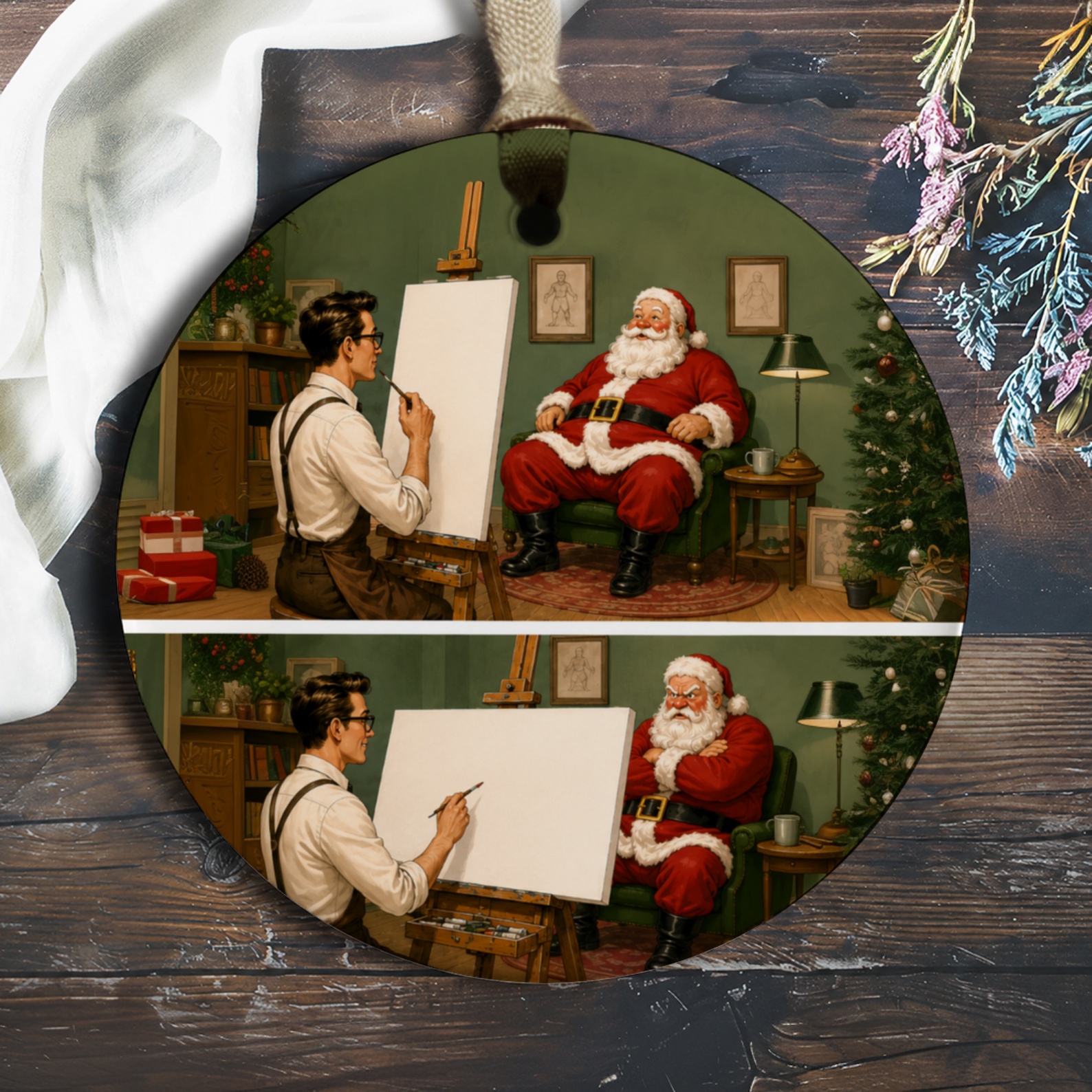Santa Claus Painting Ornament Christmas Decor Holiday Tree Decoration Vintage Style Festive Art Gift For Art Lovers O769