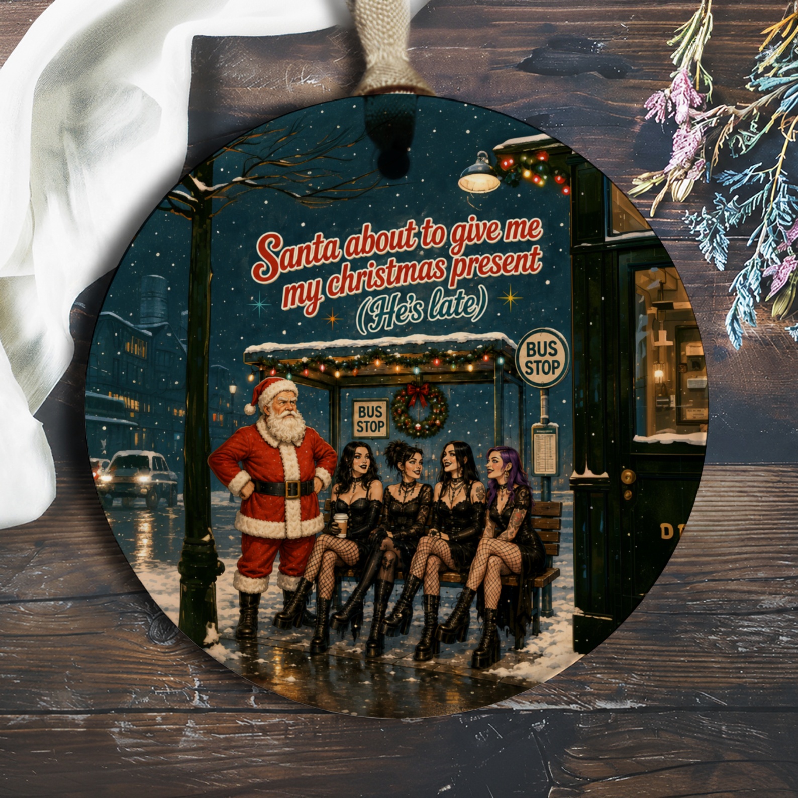 Santa About To Give Me My Christmas Present Funny Ornament Holiday Decor Santa At Bus Stop With Women Christmas Gift O813