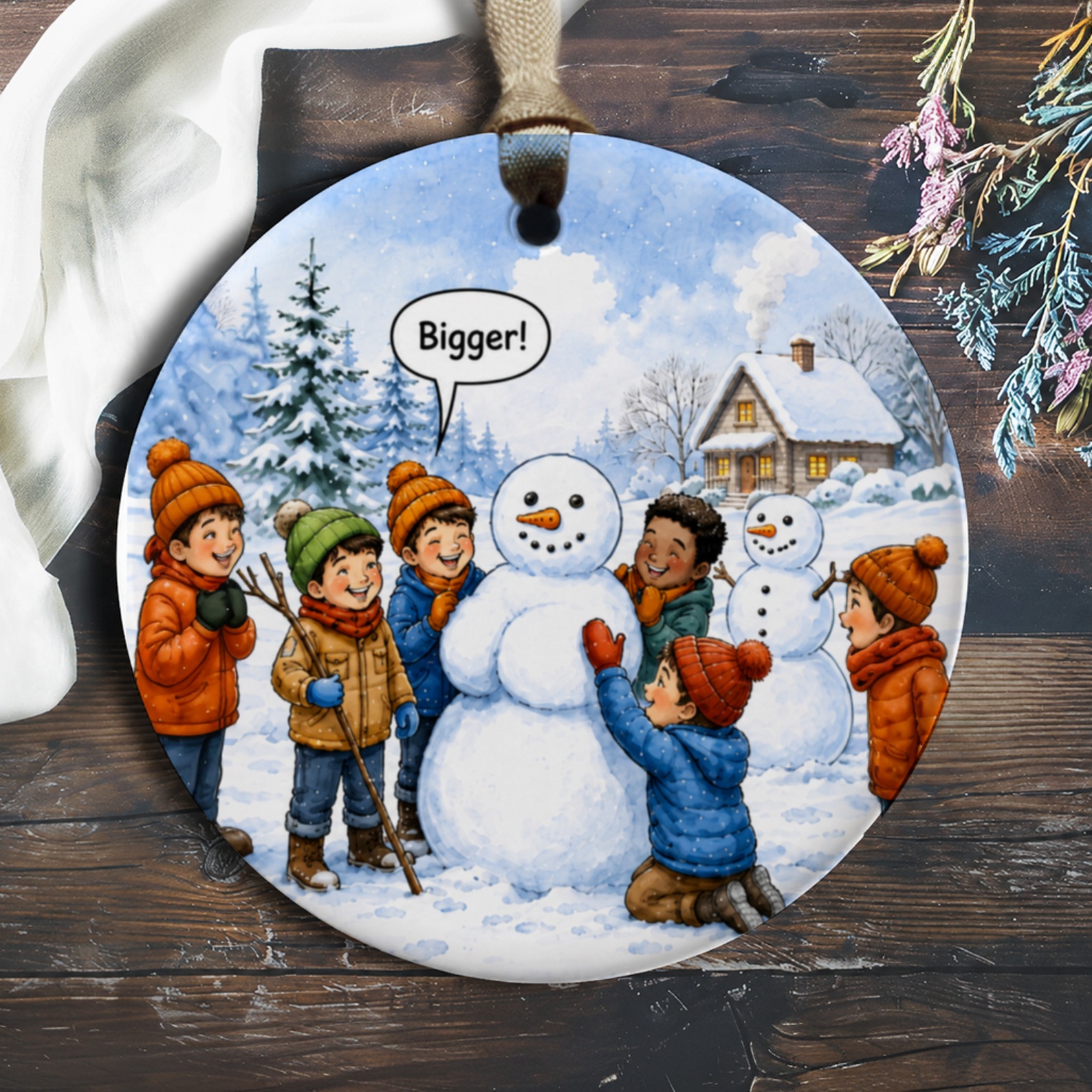 Bigger! Christmas Ornament Kids Building Snowman Winter Scene Holiday Decor Cute Snowy Landscape Gift O815