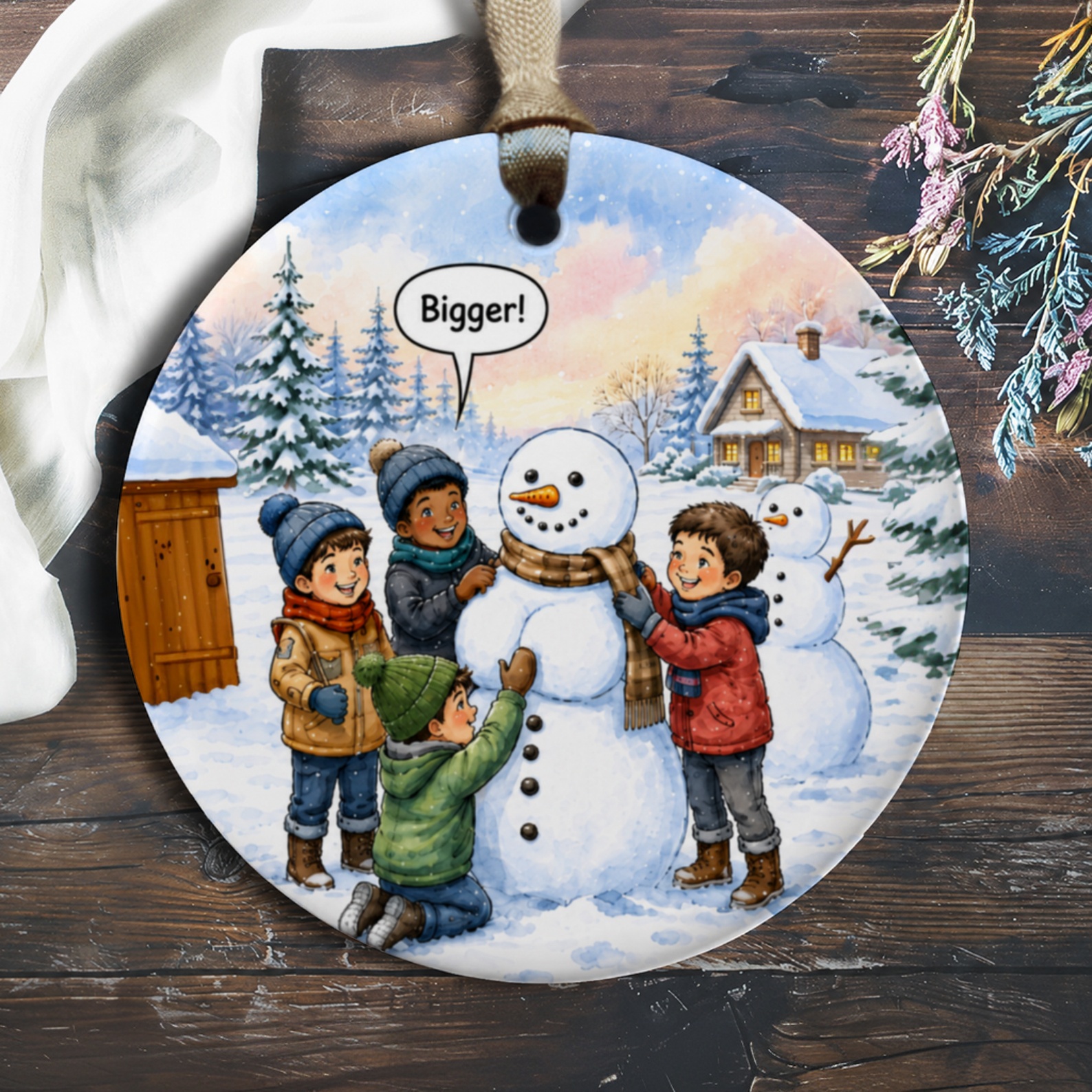 Bigger! Christmas Ornament Kids Building Snowman Winter Scene Holiday Decor Cute Snowy Landscape Tree Decoration O816