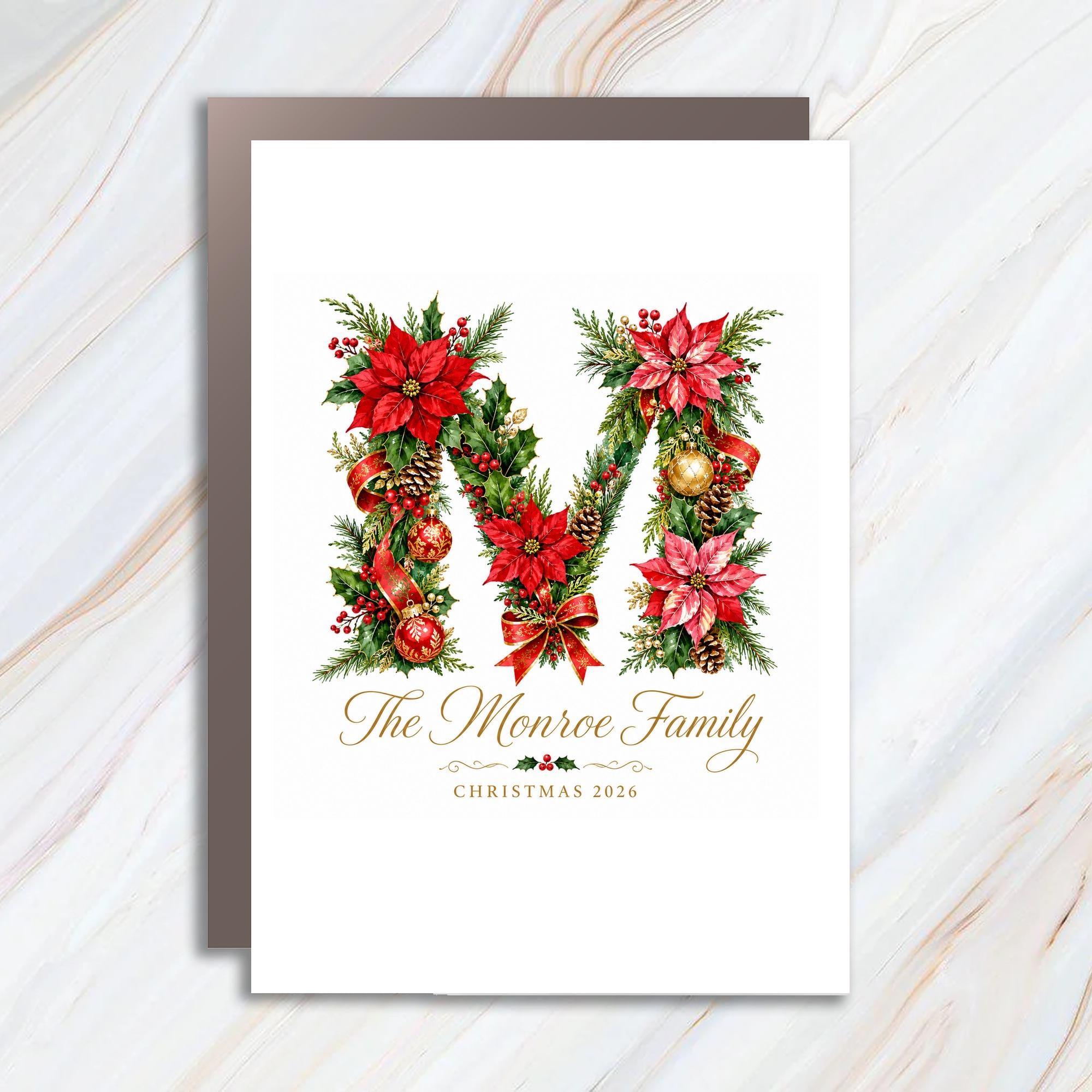 Custom Family Christmas 2026 Personalized Christmas Card Floral Letter Poinsettias Holiday Greeting Card C1071