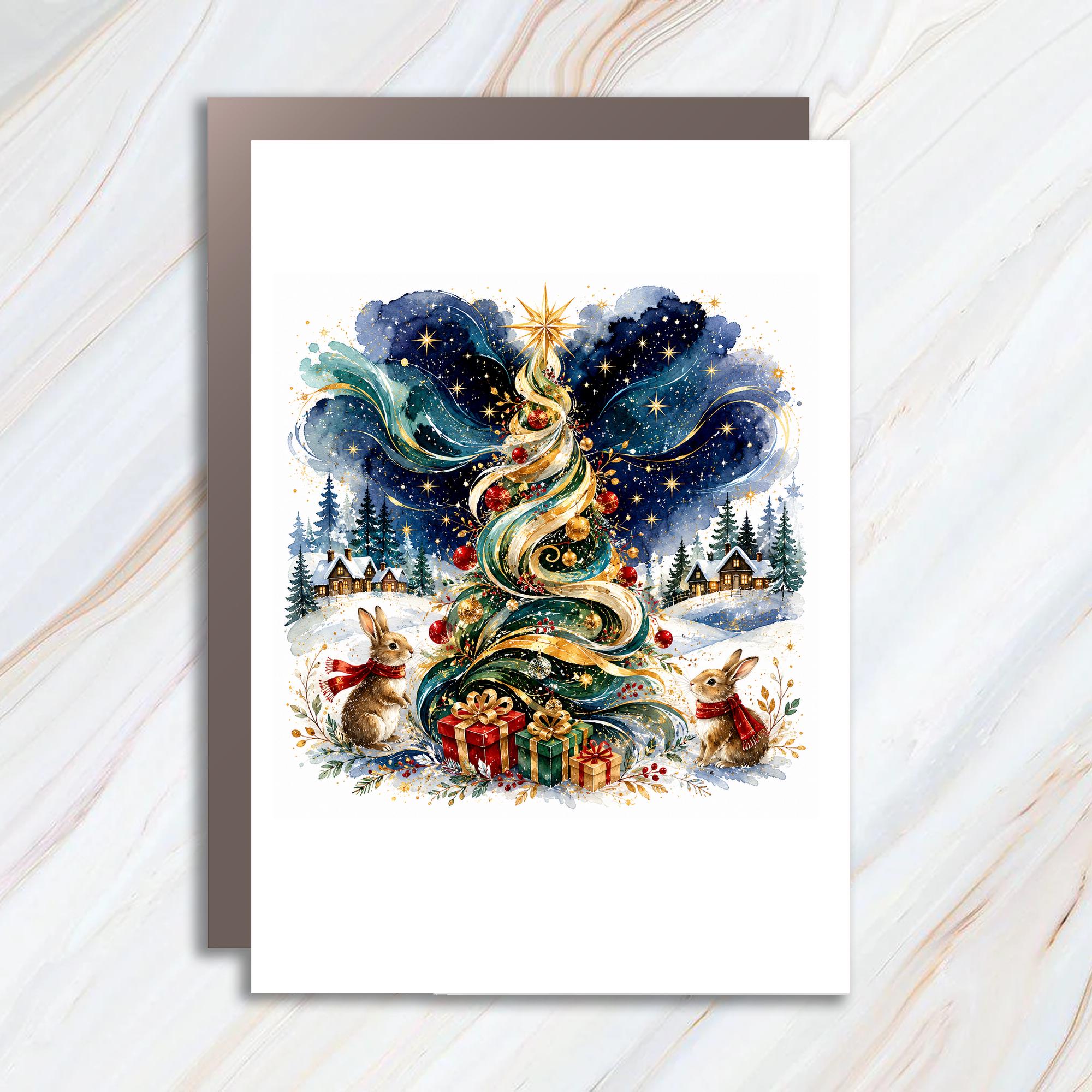 Christmas Tree With Rabbits Greeting Card Festive Holiday Card Winter Wonderland Scene For Animal Lover Cute Christmas Card C1076