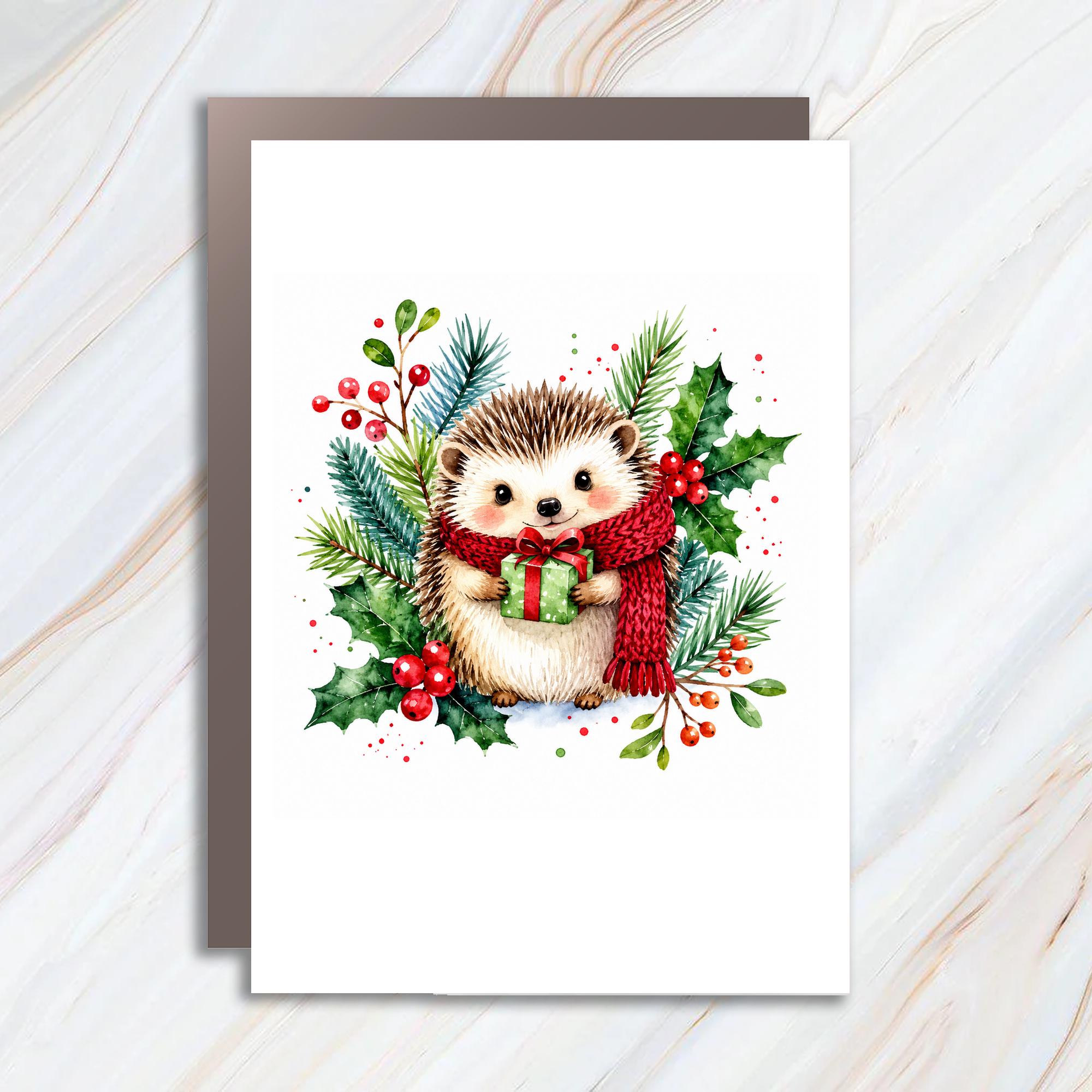 Hedgehog Christmas Greeting Card Cute Animal Holiday Card Watercolor Art Festive Card For Animal Lover Winter Card C1077