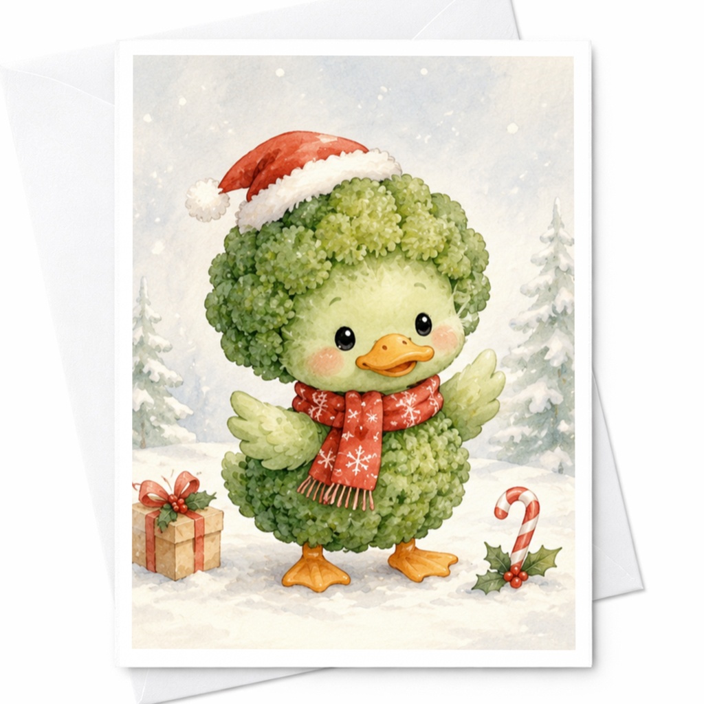 Broccoli Duck Christmas Card Cute Holiday Greeting Card For Kids Kawaii Animal Lover Festive Winter Scene With Santa Hat C4831